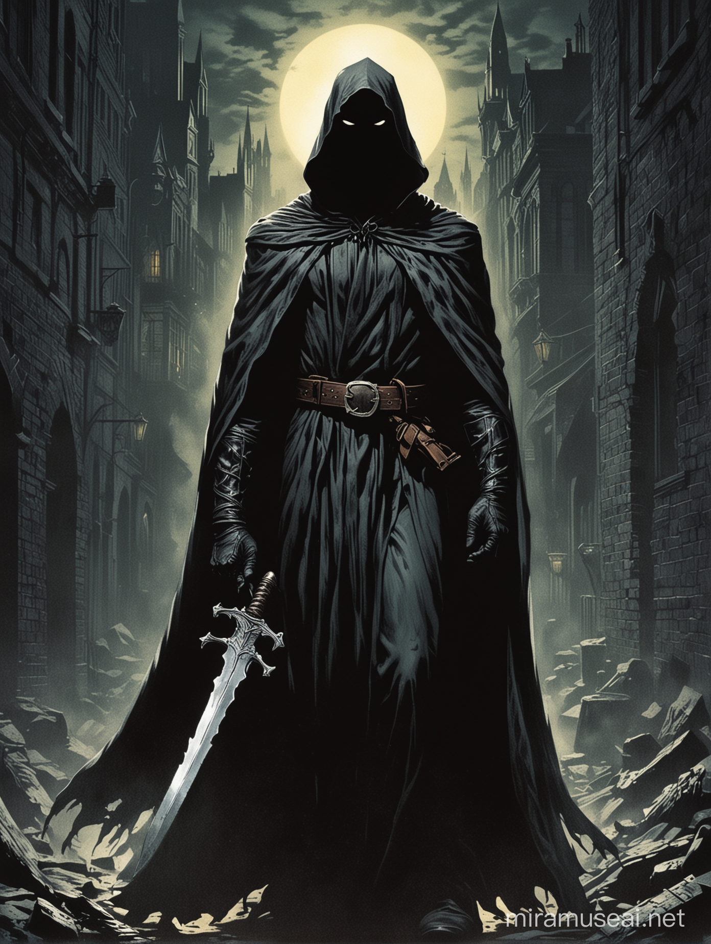 cloaked figure holding dagger the shadow dark city scene 1970s marvel comic book cover style