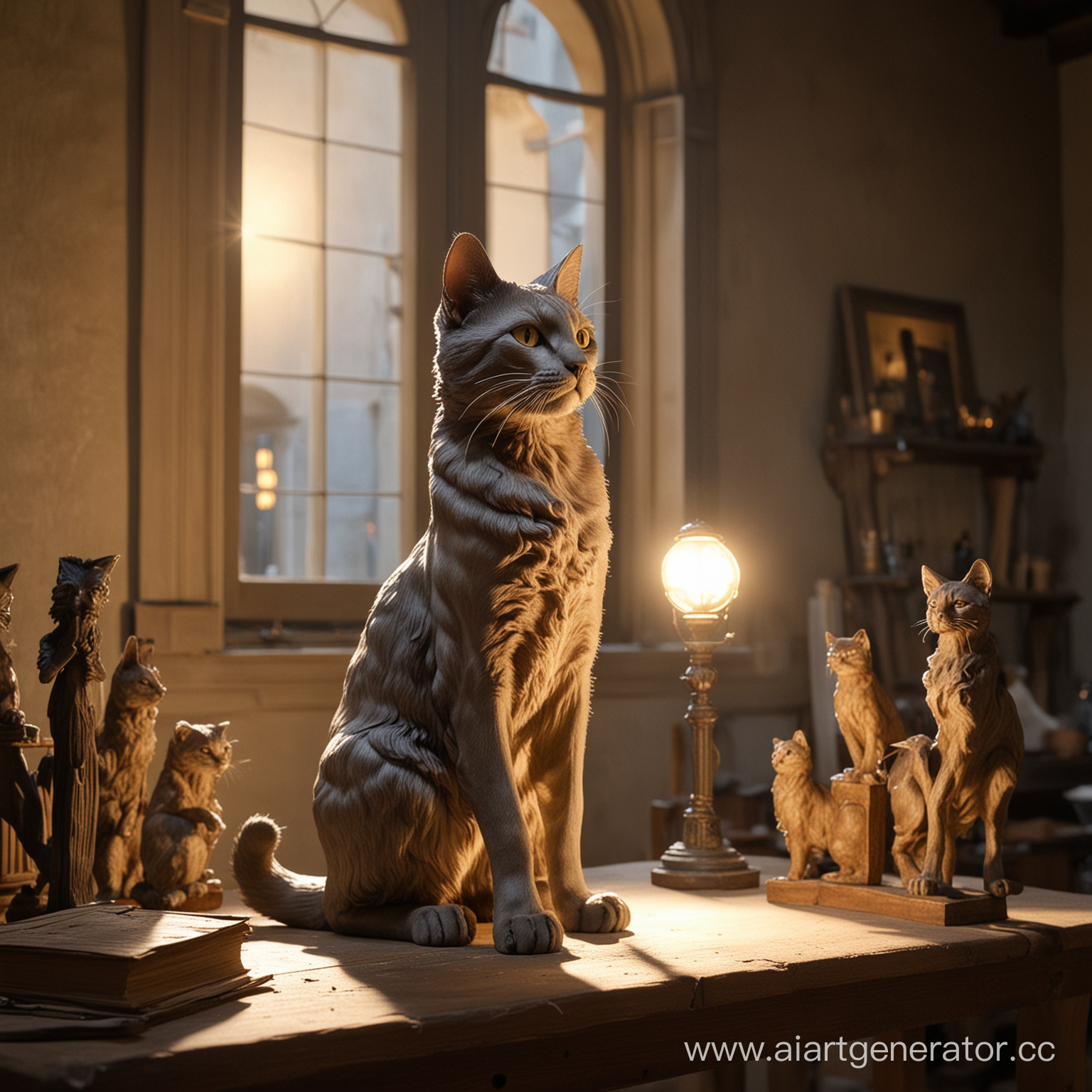 изобрази кота, который живет во времена ренессанса во Флоренции. Он стоит в своей мастерской, куда через окна попадают лучи света, и создает новую великолепную скульптуру.