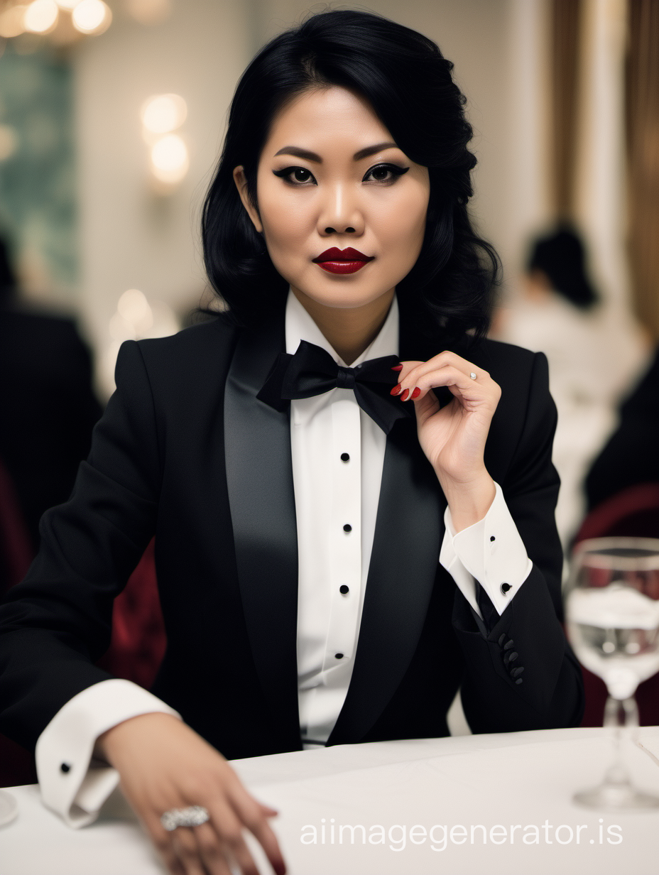 30 year old stern vietnamese woman with black shoulder length hair and lipstick wearing a tuxedo with a black bow tie and big black cufflinks. Her jacket has a corsage. She is sitting at a dinner table.