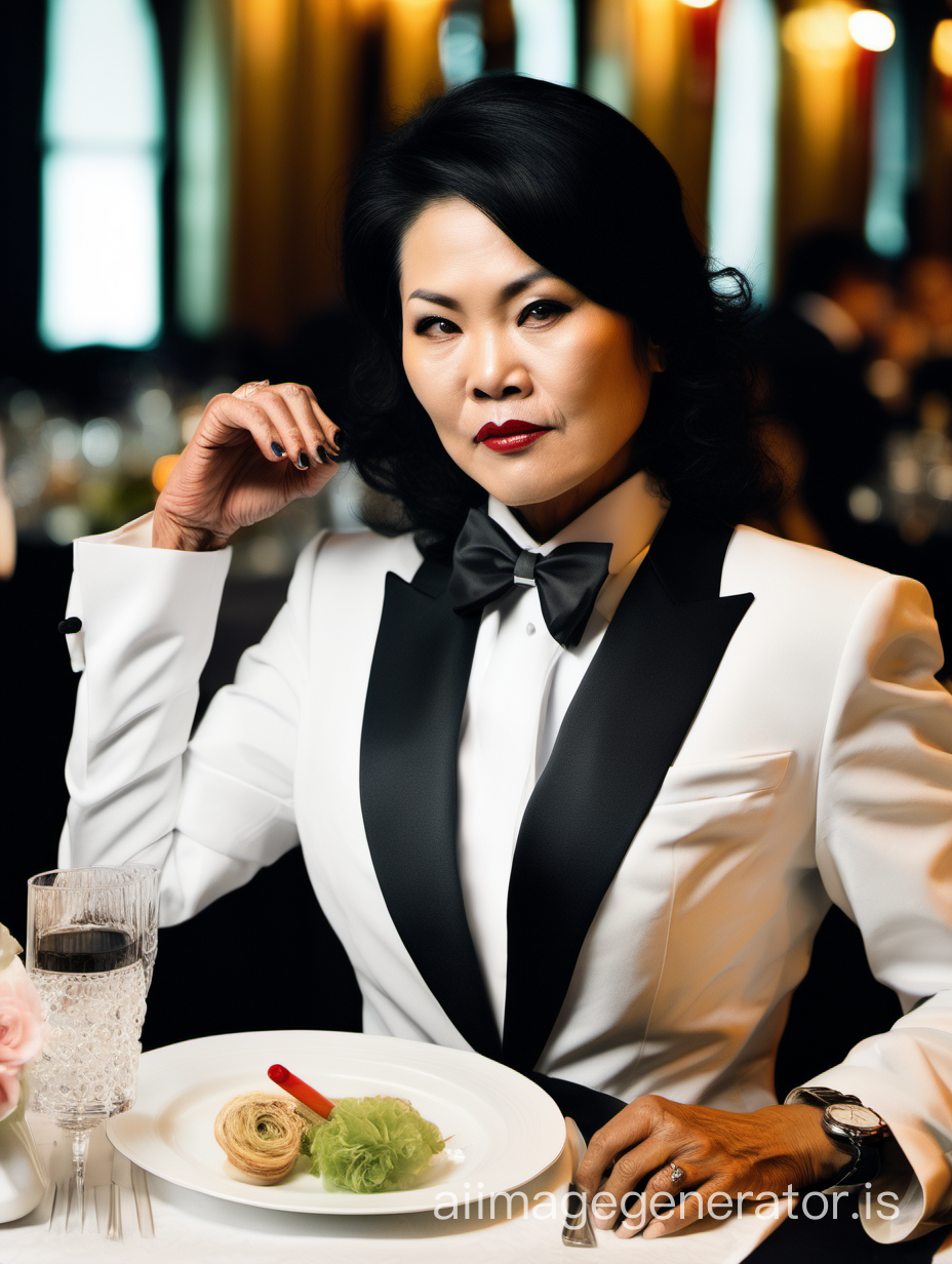 40 year old stern vietnamese woman with black shoulder length hair and lipstick wearing a tuxedo with a black bow tie and big black cufflinks. Her jacket has a corsage. She is sitting at a dinner table.