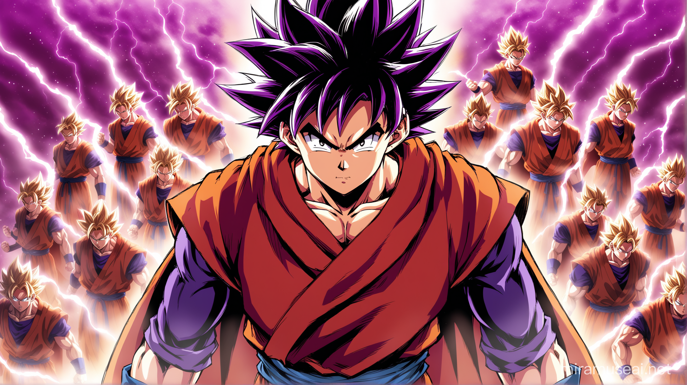 lean Goku with a red cape. He's a leader, there are men behind him, they are preparing for warm the background is purple, everyone is different has different hair and clothes