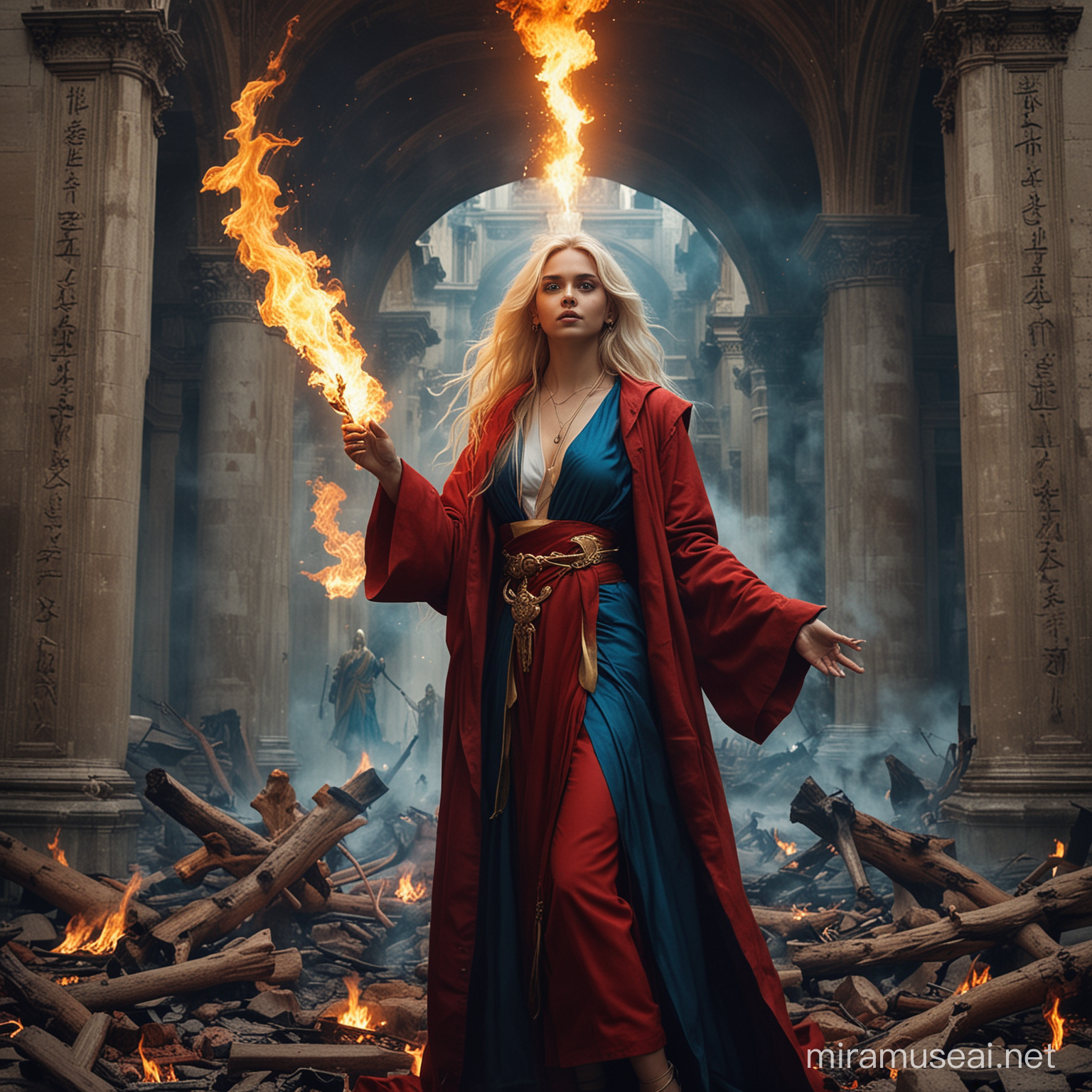 Powerful Hindu Empress Goddess Conjuring Fire and Lightning amidst Demonic Entities