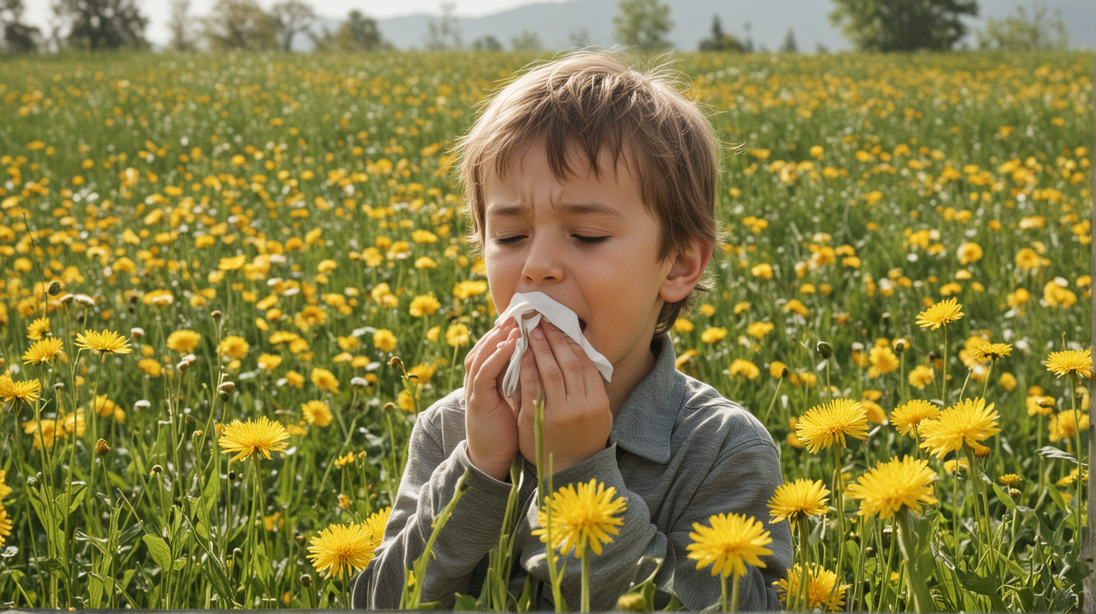 a young boy sneezing in among multiple dandelions