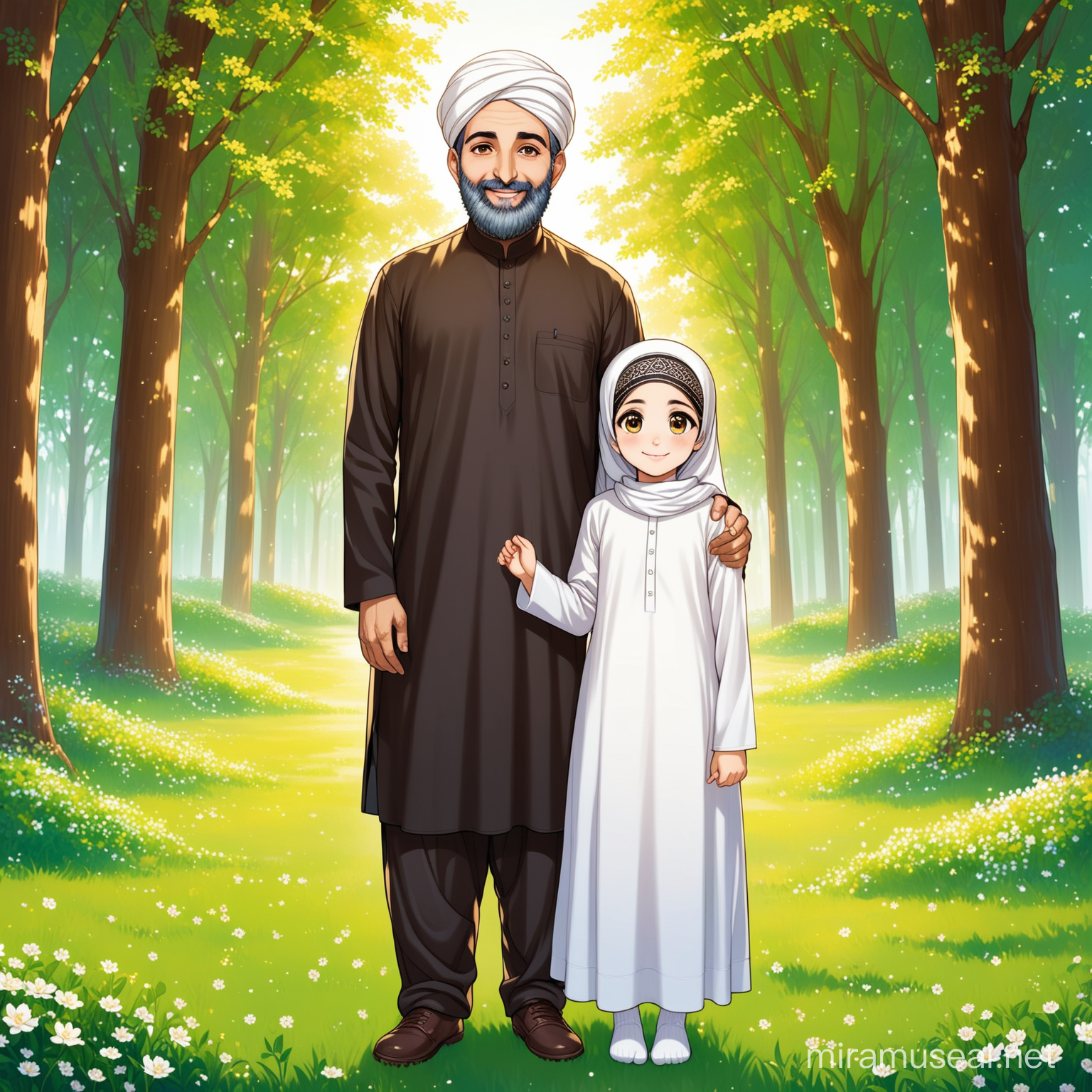 Persian Father and Daughter Enjoying Nature Stroll Heartwarming Family Bonding in a Forest Setting