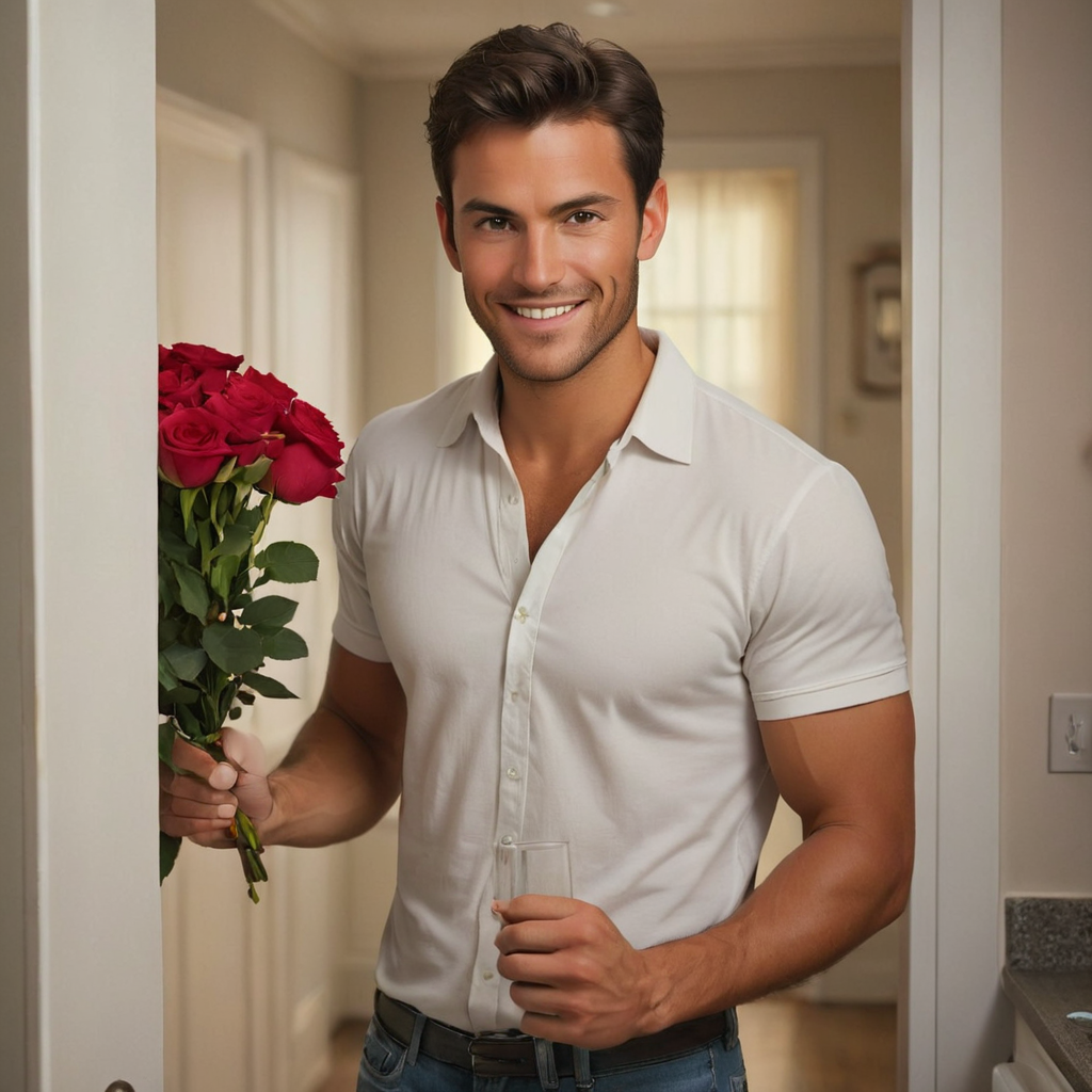 man  in the kitchen , dark brown hair , standing in the doorway, roses in hand ,strong, good looking, looking at the camera, bedroom eyes, tanned ,devilish smile ,Latin, mid 30