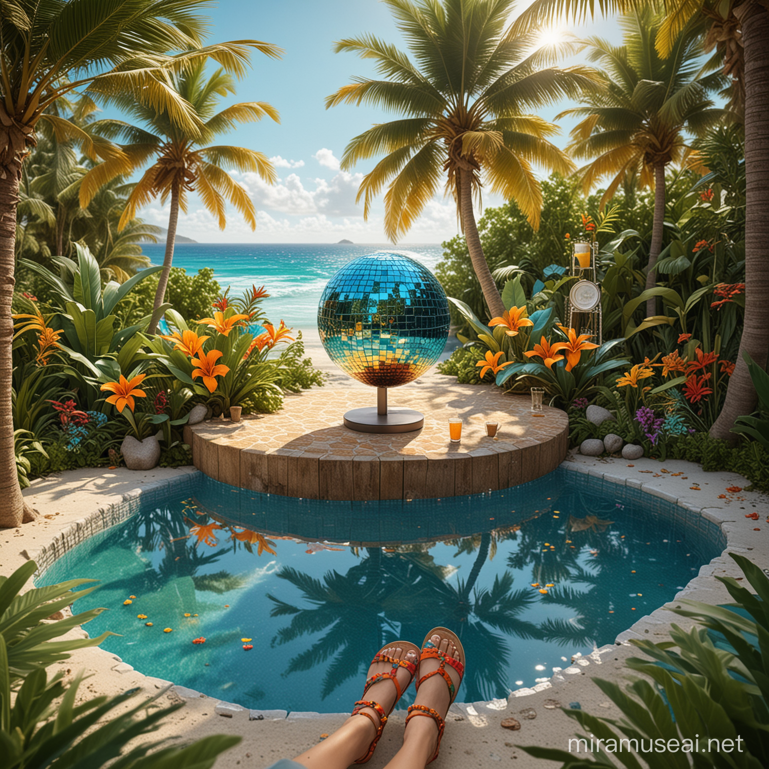 In this vivid and whimsical depiction of a miniature tropical island scene, envision a compact and surreal setting bursting with vibrant colors and playful elements that evoke the carefree spirit of an island getaway. At the center of this miniature paradise, a dazzling disco ball takes pride of place, casting a mosaic of bright and dynamic colors that symbolize the energetic and lively ambiance of island nightlife. The reflections from the disco ball dance across the scene, infusing it with a sense of celebration and joy. Surrounding the disco ball are the essential components of a tropical beach retreat: tall and swaying palm trees that whisper in the gentle breeze, creating a tropical oasis; a modern speaker poised to kickstart the party with upbeat tunes; a refreshing cocktail in a blue glass, garnished with a slice of lemon, ready to quench the thirst of revelers; a vintage-style orange radio emitting the nostalgic beats of summer melodies; and a pair of large, stylish sunglasses with reflective turquoise lenses, adding a touch of chic sophistication to the scene. Completing this vacation tableau are a pair of casual flip-flops casually laid on the sandy beach, inviting one to kick off their shoes and dance barefoot under the sun, embodying the carefree and relaxed atmosphere of a tropical escape. Set against a clear sky background that enhances the tropical paradise vibe, this imaginative and playful scene pays homage to the joy, relaxation, and vibrancy of a beach holiday in a fun and compact format. Rendered in hyper-realistic 32k resolution, the scene bursts with vivid colors and intricate details, inviting viewers to immerse themselves in this miniature world of tropical delight and whimsy.