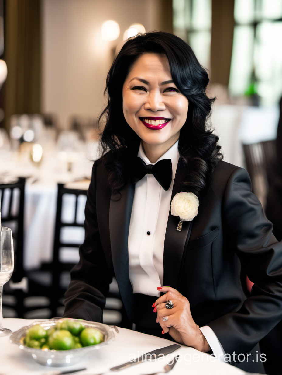 40 year old smiling vietnamese woman with black shoulder length hair and lipstick wearing a tuxedo with a black bow tie and big black cufflinks. Her jacket has a corsage. She is sitting at a dinner table. 
