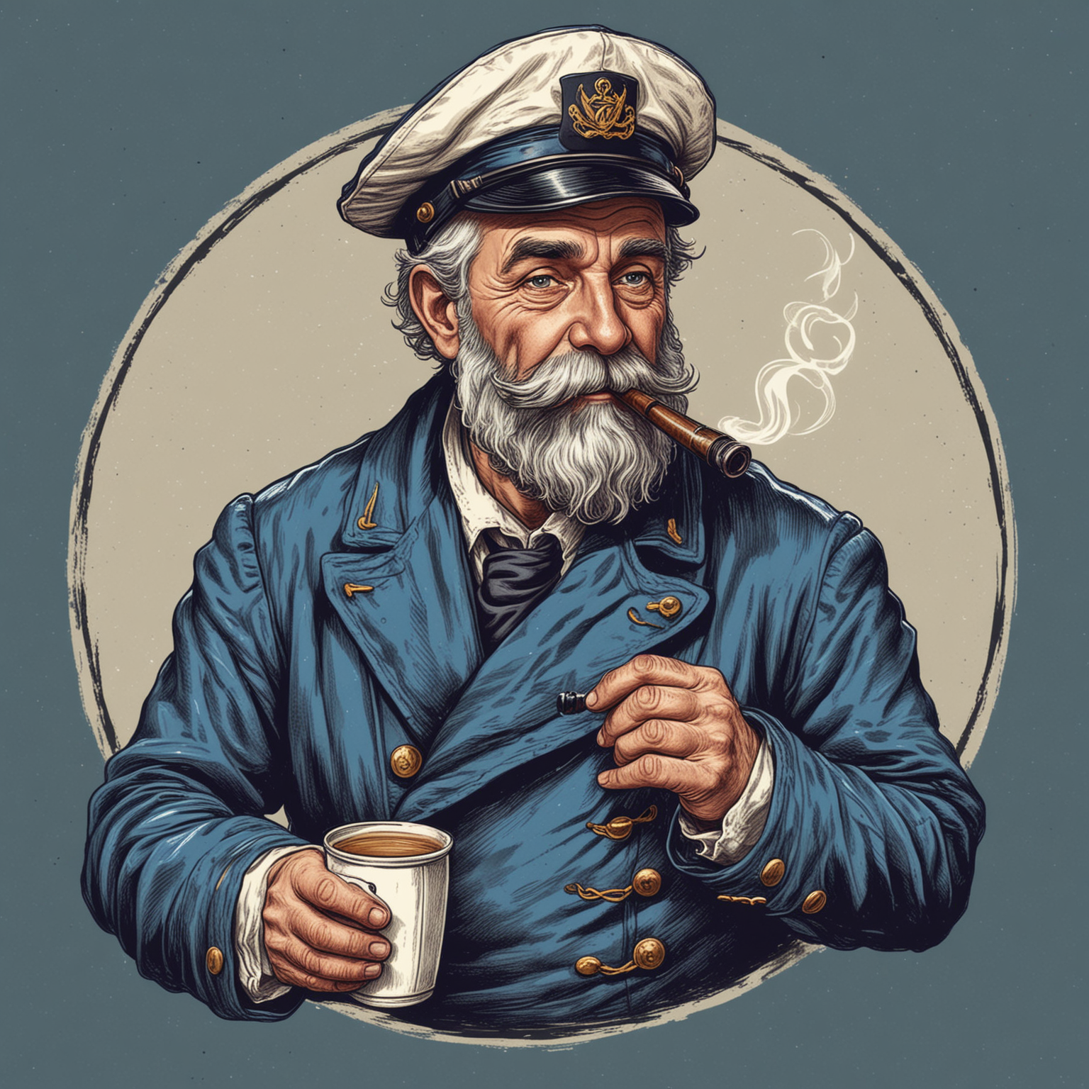 logo style image of an old school sailor from the 19th century drinking a cup of coffee.  wearing a blue  captains jacket and hat with a beard, smoking a pipe, in a hand drawn style with no background, logo style
