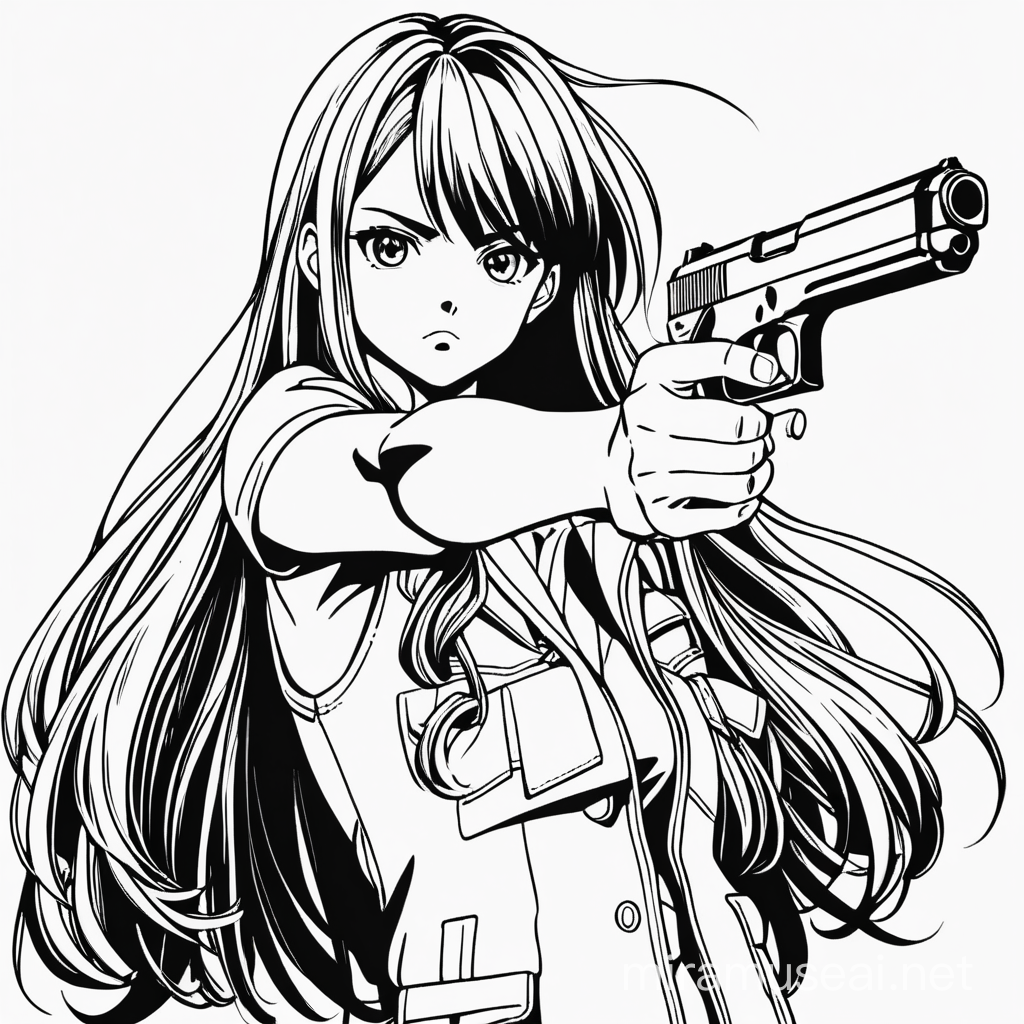 long hair cartoon anime girl holding pistol, barrel of gun pointing toward viewer, good detail on the hands and gun being correct, black and white