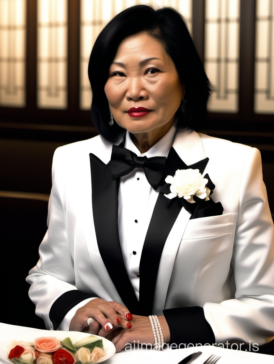 50 year old stern vietnamese woman with black shoulder length hair and lipstick wearing a tuxedo with a black bow tie and big black cufflinks. Her jacket has a corsage. She is sitting at a dinner table.