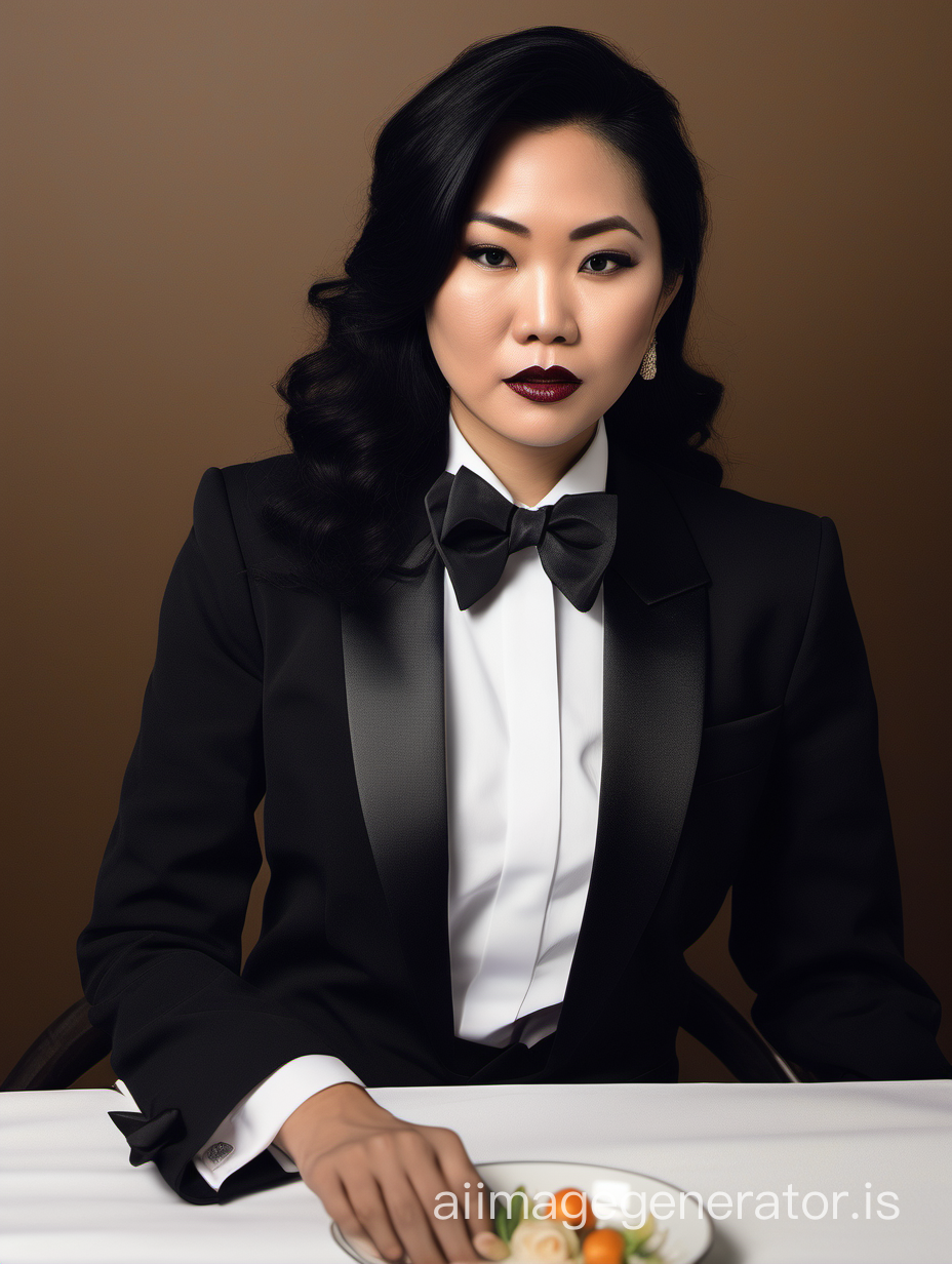 30 year old stern vietnamese woman with black shoulder length hair and lipstick wearing a tuxedo with a black bow tie and big black cufflinks. Her jacket has a corsage. She is sitting at a dinner table.