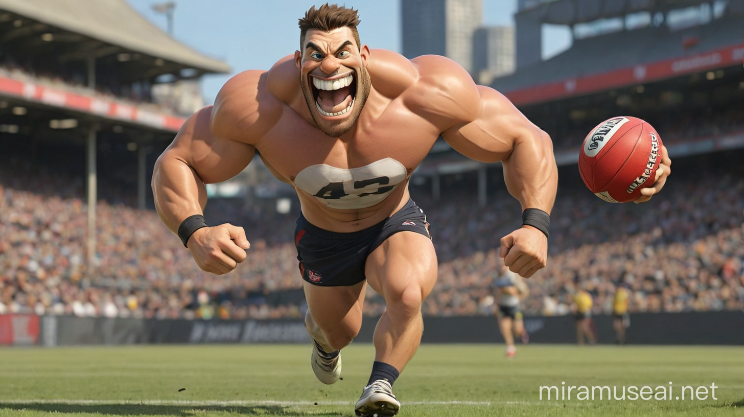 muscly man, AFL player, cartoonish, big teeth, big grin, distended jaw, running with a ball, full body shot