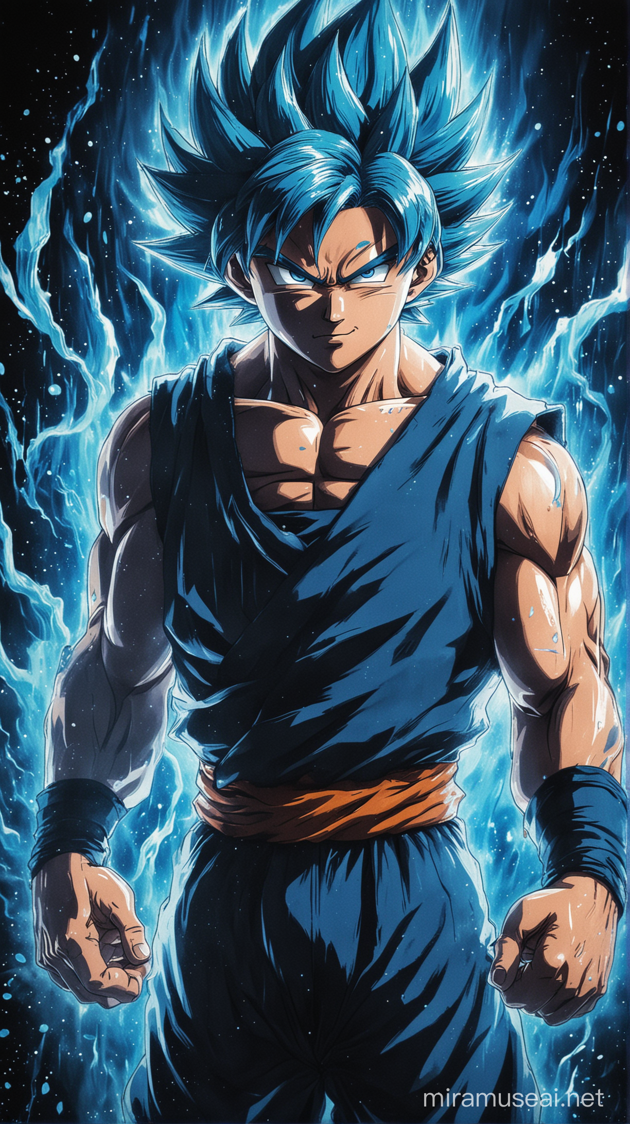 Goku with blue hair sorounded by blue aura, the background is black, art deco