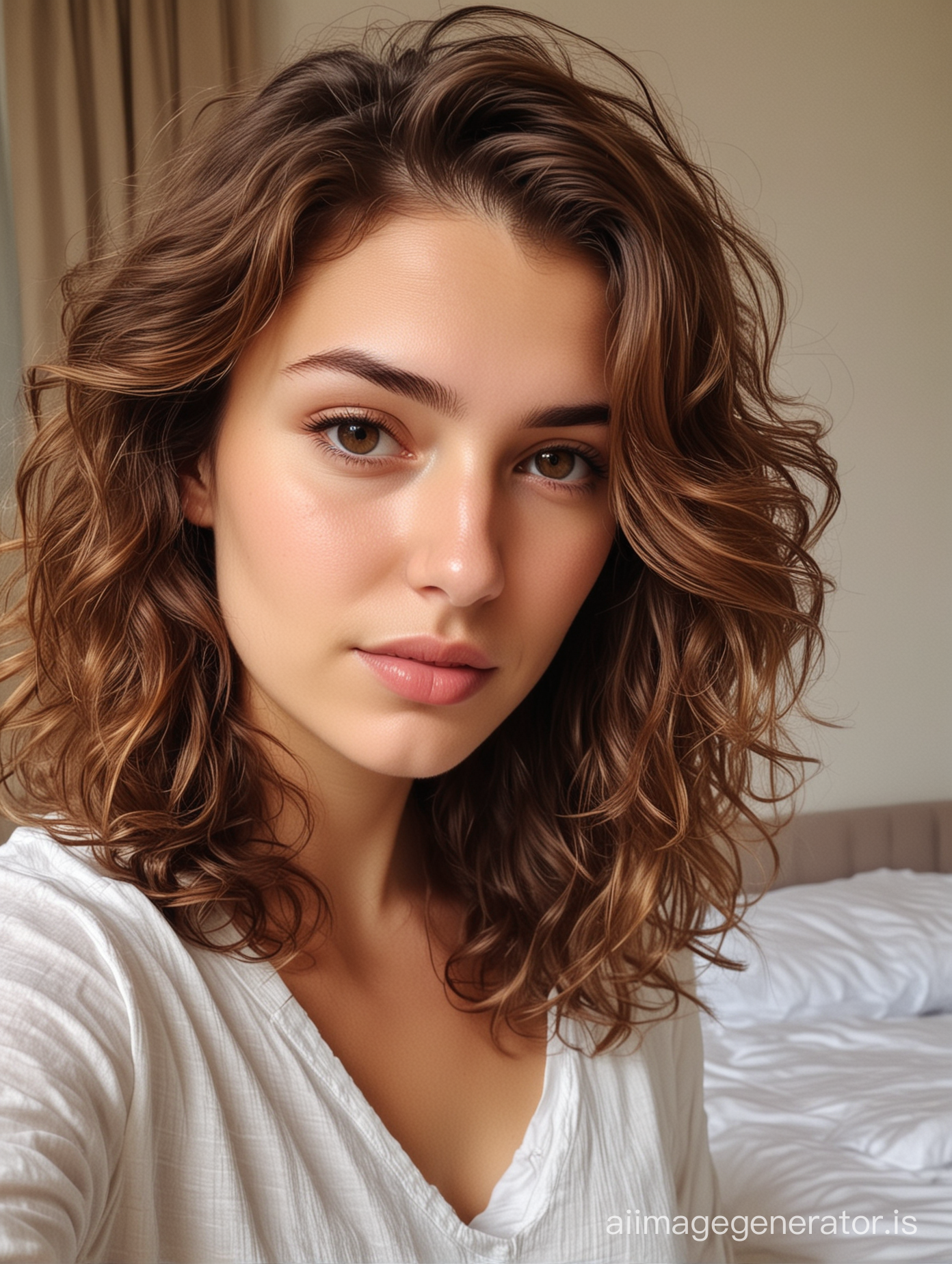 a photo of michela an italian prosperous girl just came back home from college with brown wavy hair taking a self picture after waking up in early morning in the bedroom