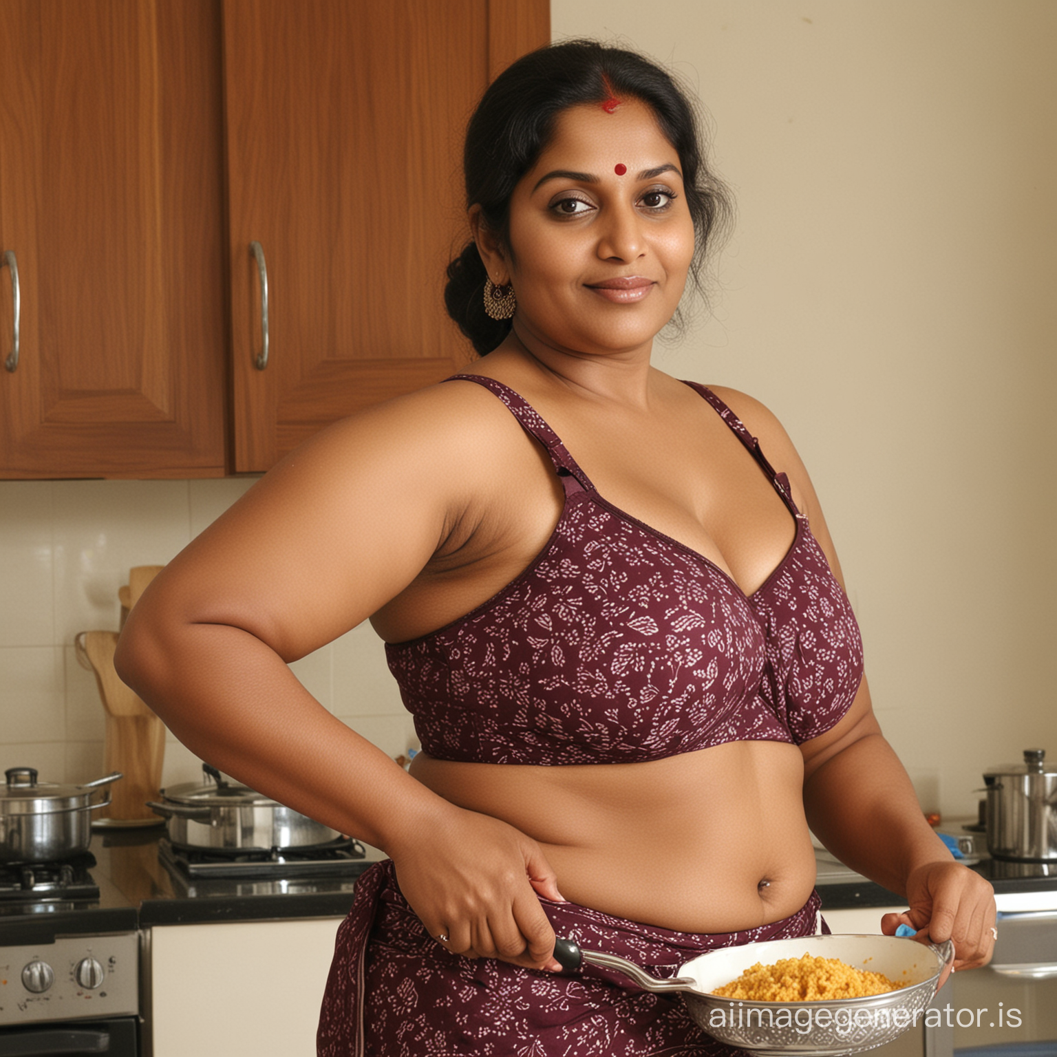 Dark skinned fat chubby, busty south indian aunty aged 50 in underwear cooking
