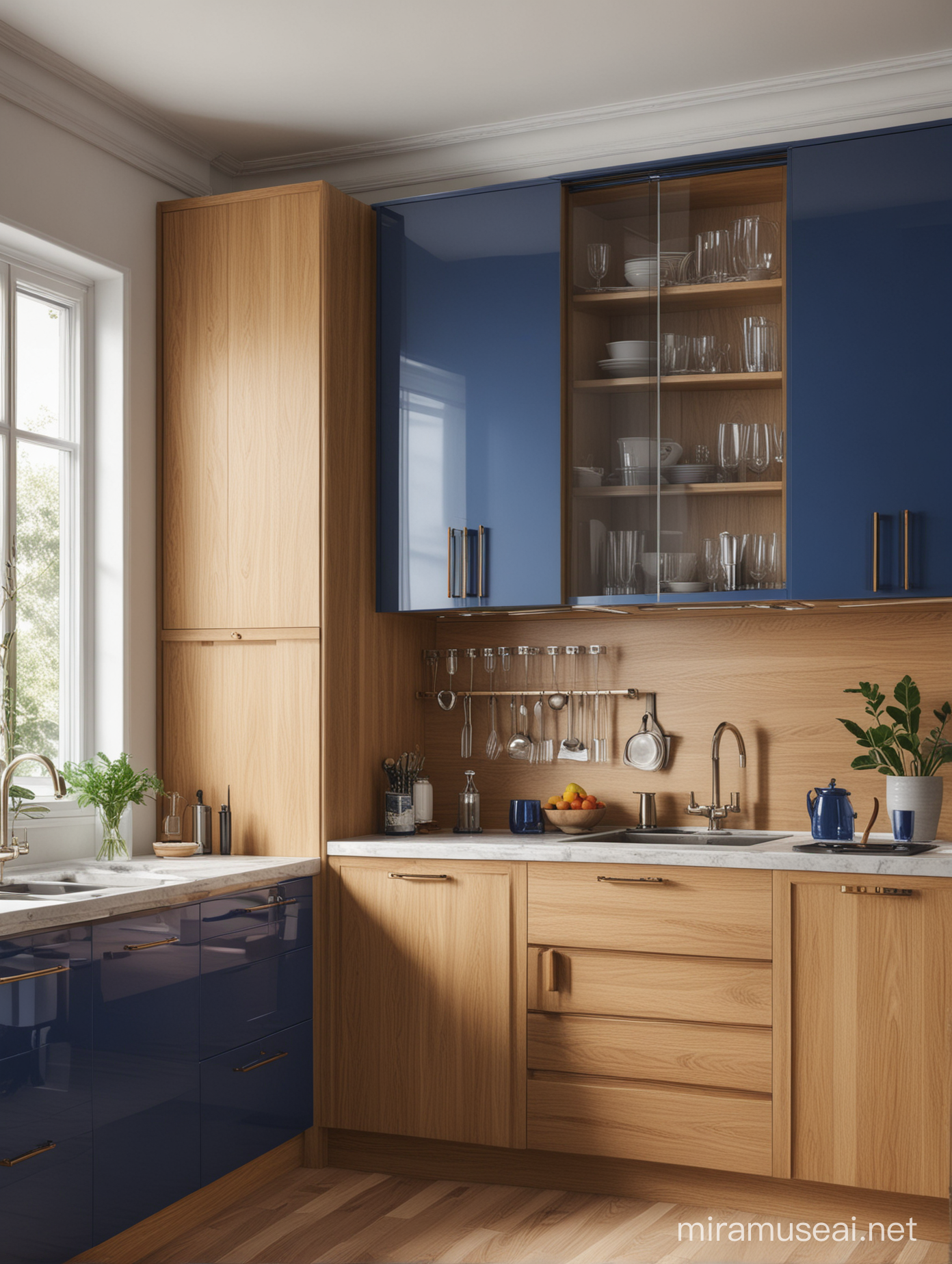 Modern Retro Kitchen Design with Cobalt Blue Lower Cabinets and Glass Ornamented Upper Cabinets