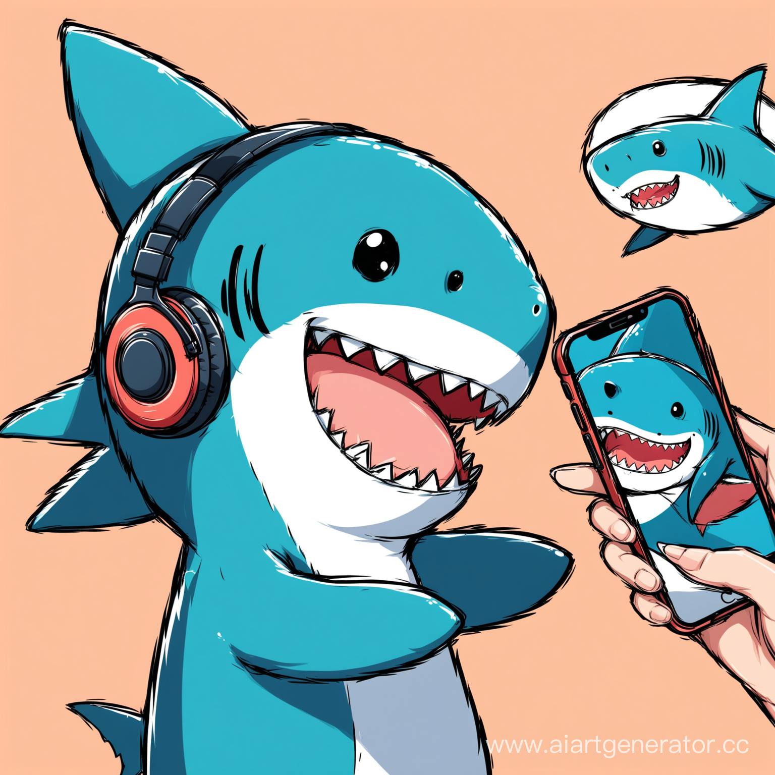 нарисовать акулу в наушниках и с телефоном в стиле аниме