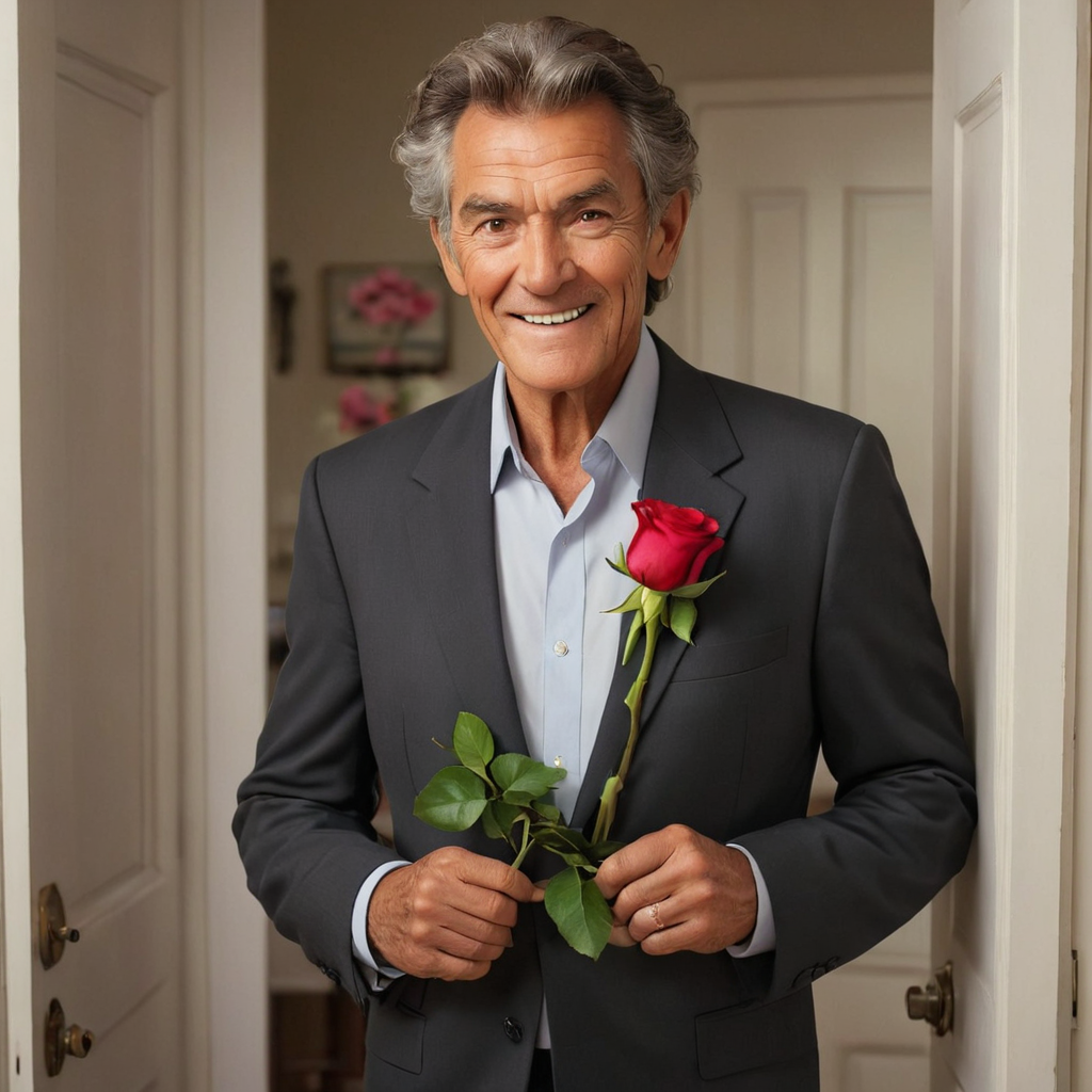 man  in the kitchen , dark brown hair , standing in the doorway, roses in hand ,strong, good looking, looking at the camera, bedroom eyes, tanned ,devilish smile ,Latin,85 years old salt and pepper hair, wearing  a suit 