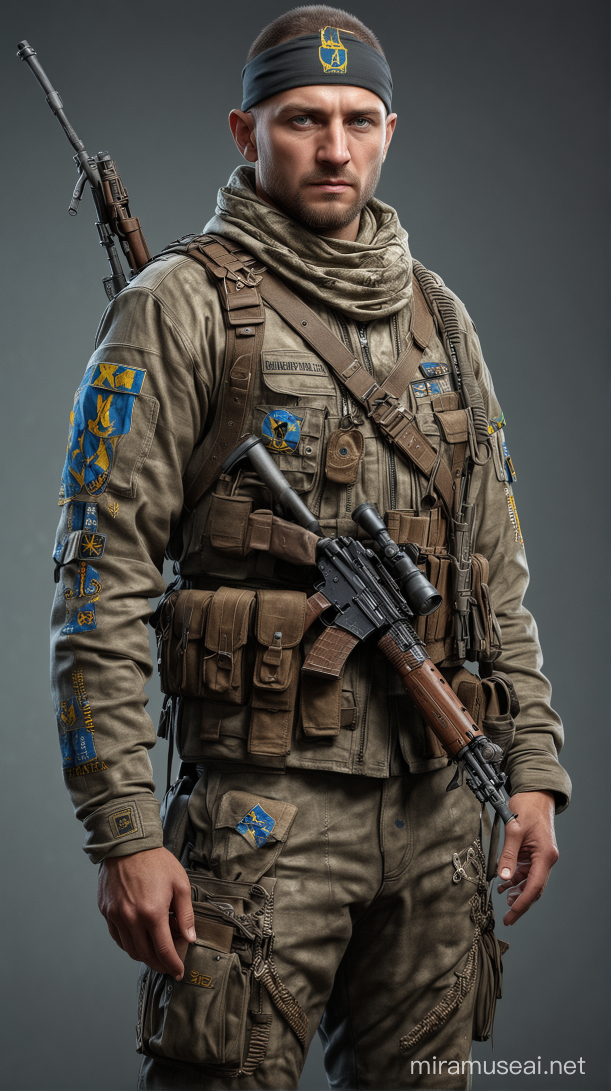Ukrainian sniper with Ukrainian symbols on his clothes, full-length hyper-realistic.