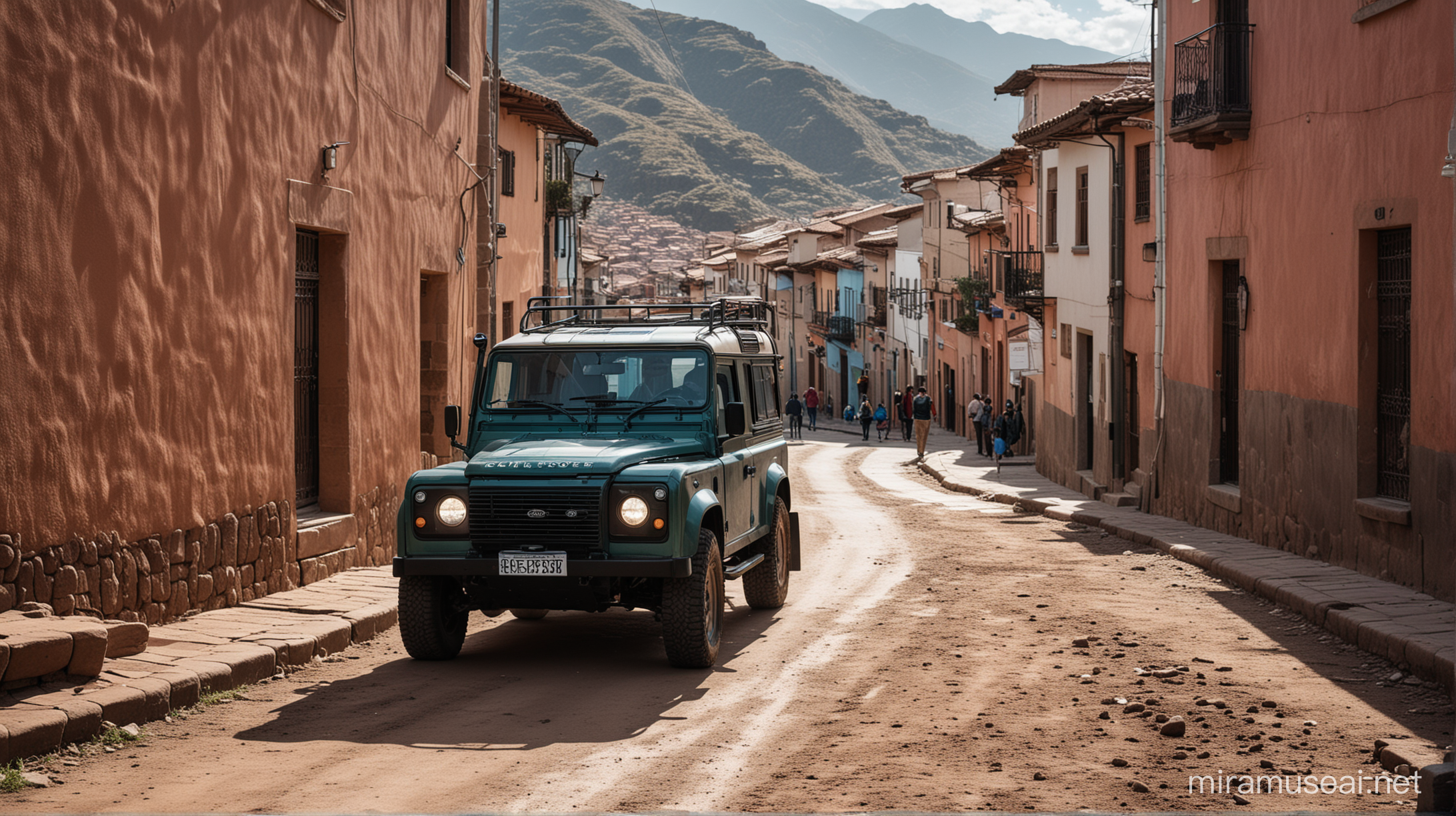 Land Rover Defender, vibrant Cusco Peru, freeze motion, asymmetrical composition, 35mm, Bergger Pancro 400, extreme tonal balance, street photography