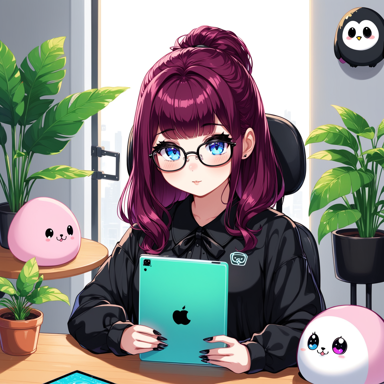 generate a persona logo, girl, burgundy hair, bangs, blue eyes, nerdy goth, working on a tablet, in a comfortable black chair, potted plants in the background, with squishmallows around her
