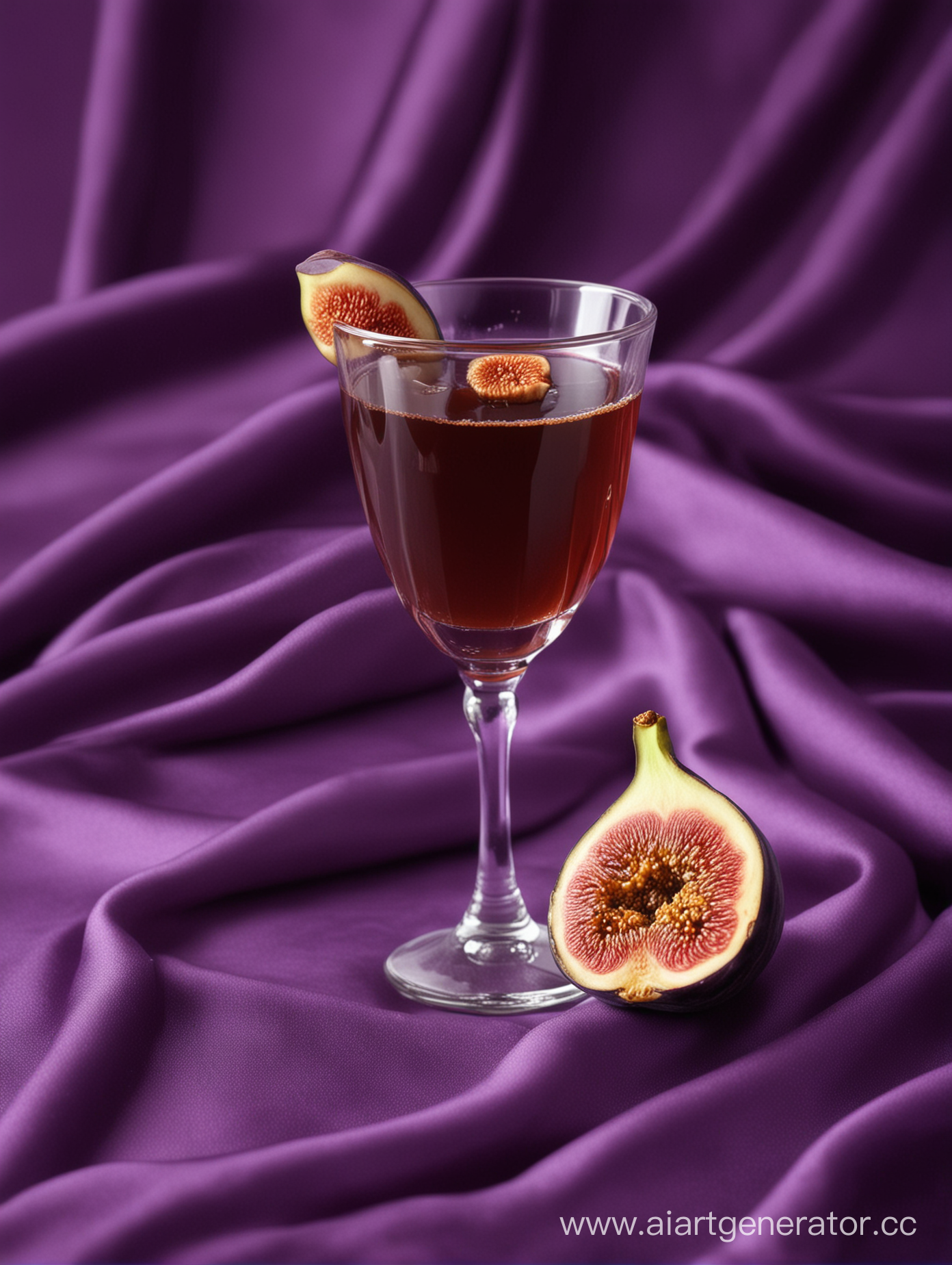 Fig with juice in classic glass on purple SILK LOTH background