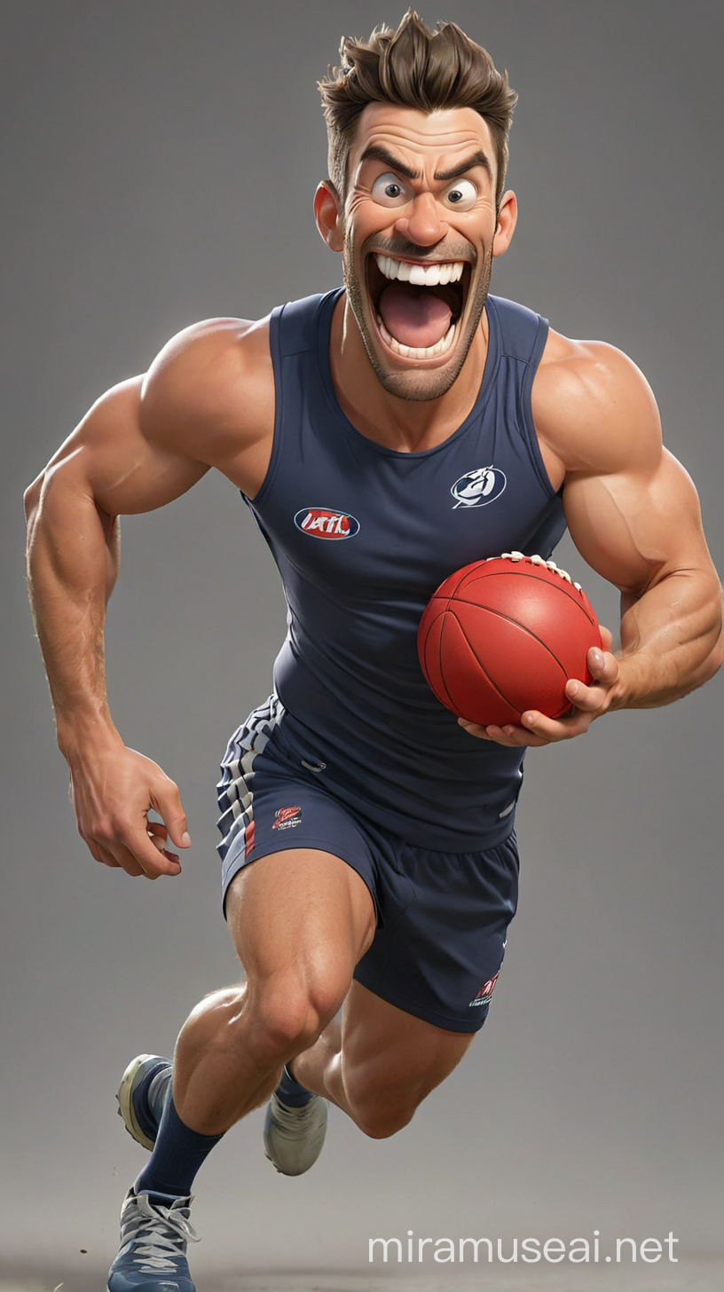 muscly man, AFL player, cartoonish, big teeth, big grin, distended jaw, running with a ball, full body shot