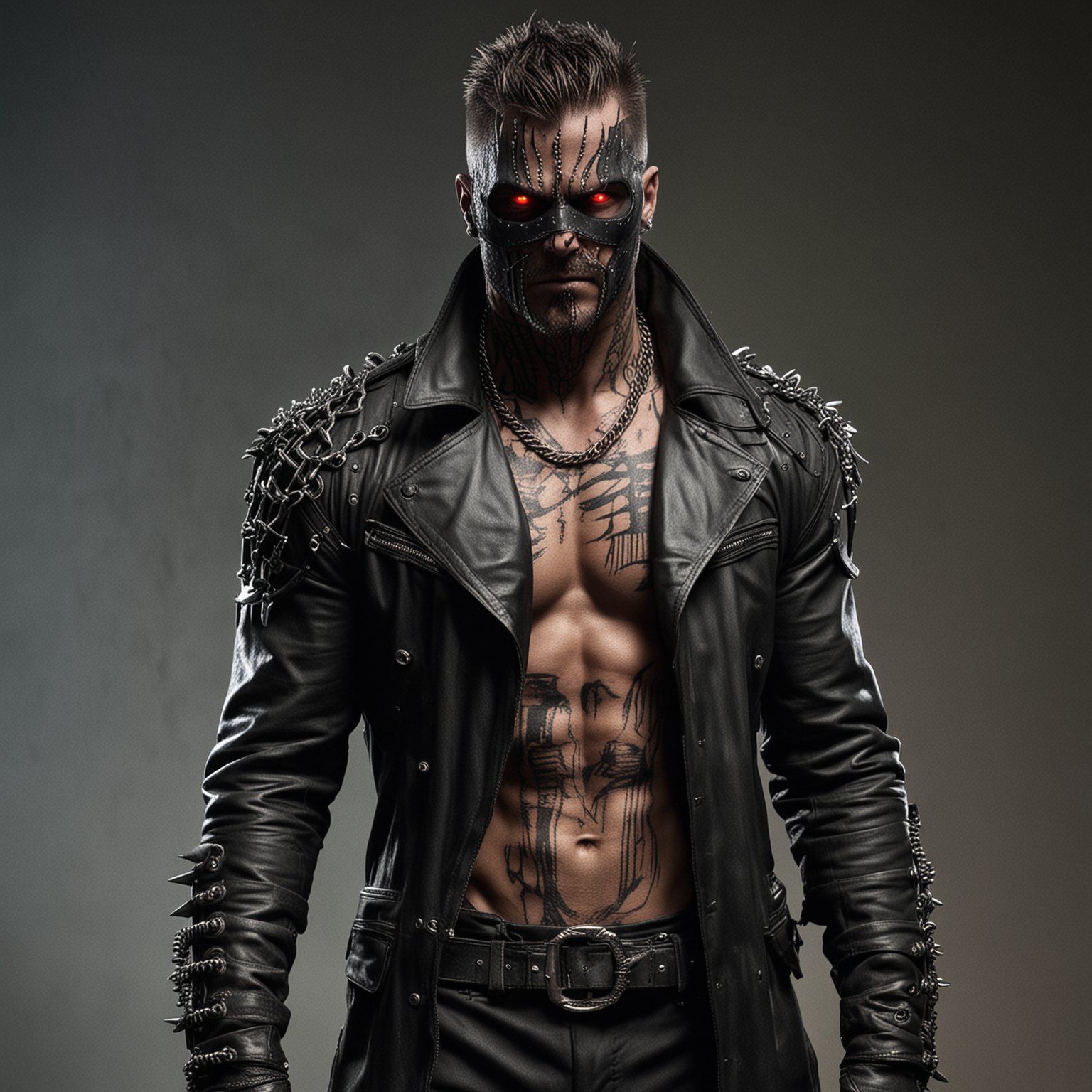Ravage is a towering figure, standing at around 6'5" with a muscular build. His attire consists of a rugged leather trench coat adorned with metal studs and chains, giving him a menacing appearance. His face is partially covered by a metal mask, with glowing red eyes peering out from the darkness. He exudes an aura of intimidation and brutality, with scars and tattoos visible on his exposed skin.