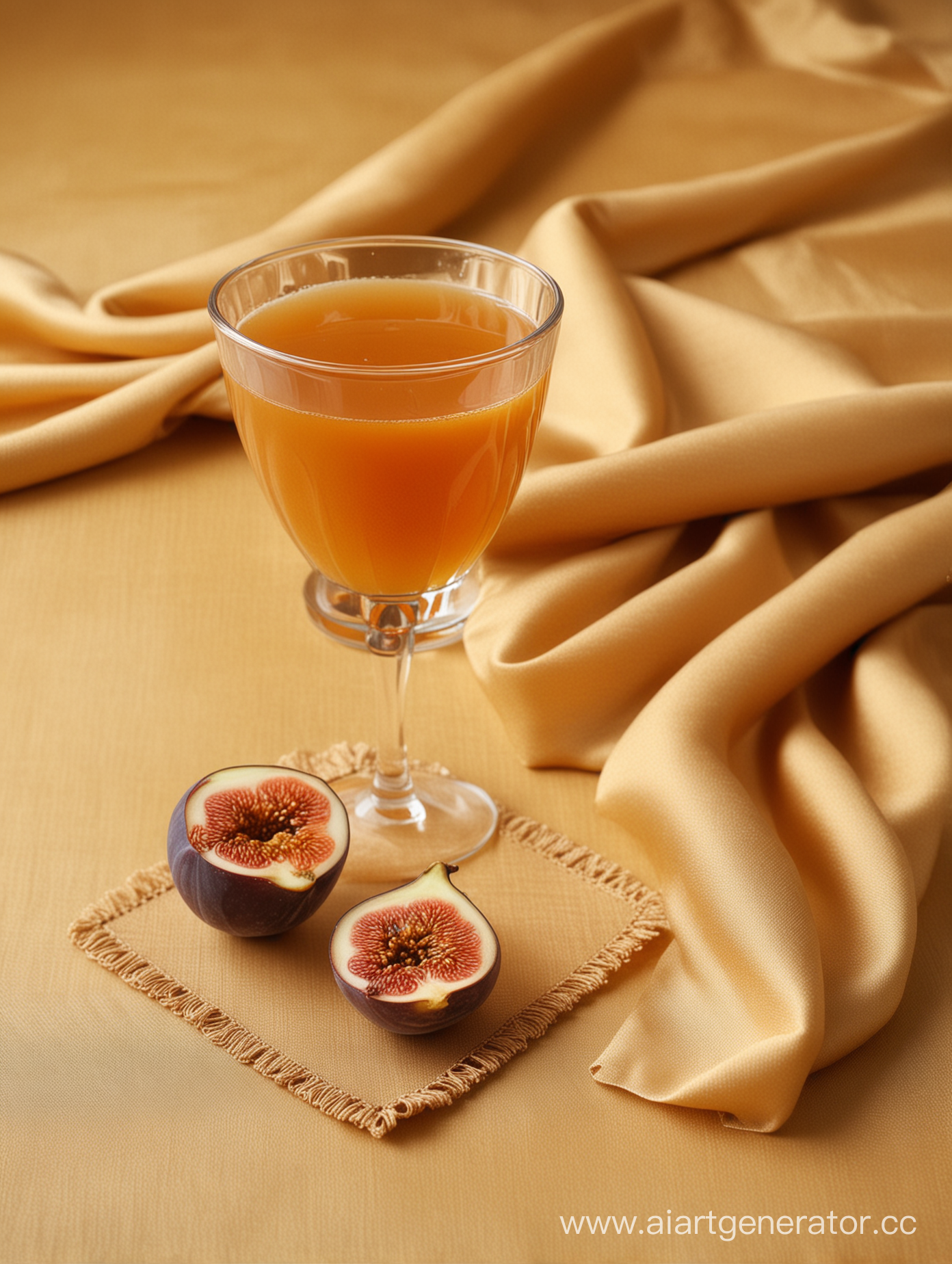 Fig with juice in classic glass on golden SILK LOTH background