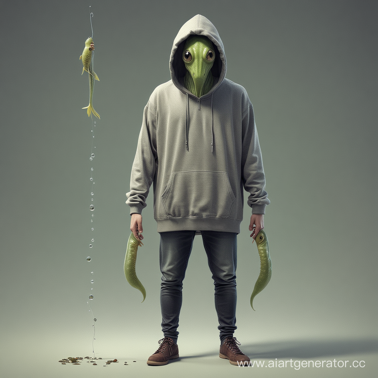 A tall thin man in a hoodie with a tadpole head instead of his own