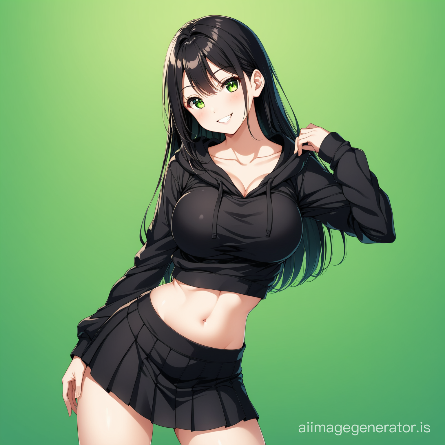 Anime girl with black skirt and black short hoodie-top, tummy is visible with medium-size but beautiful breasts, with black long smooth hair, with a smile,  sexy pose, green solid background