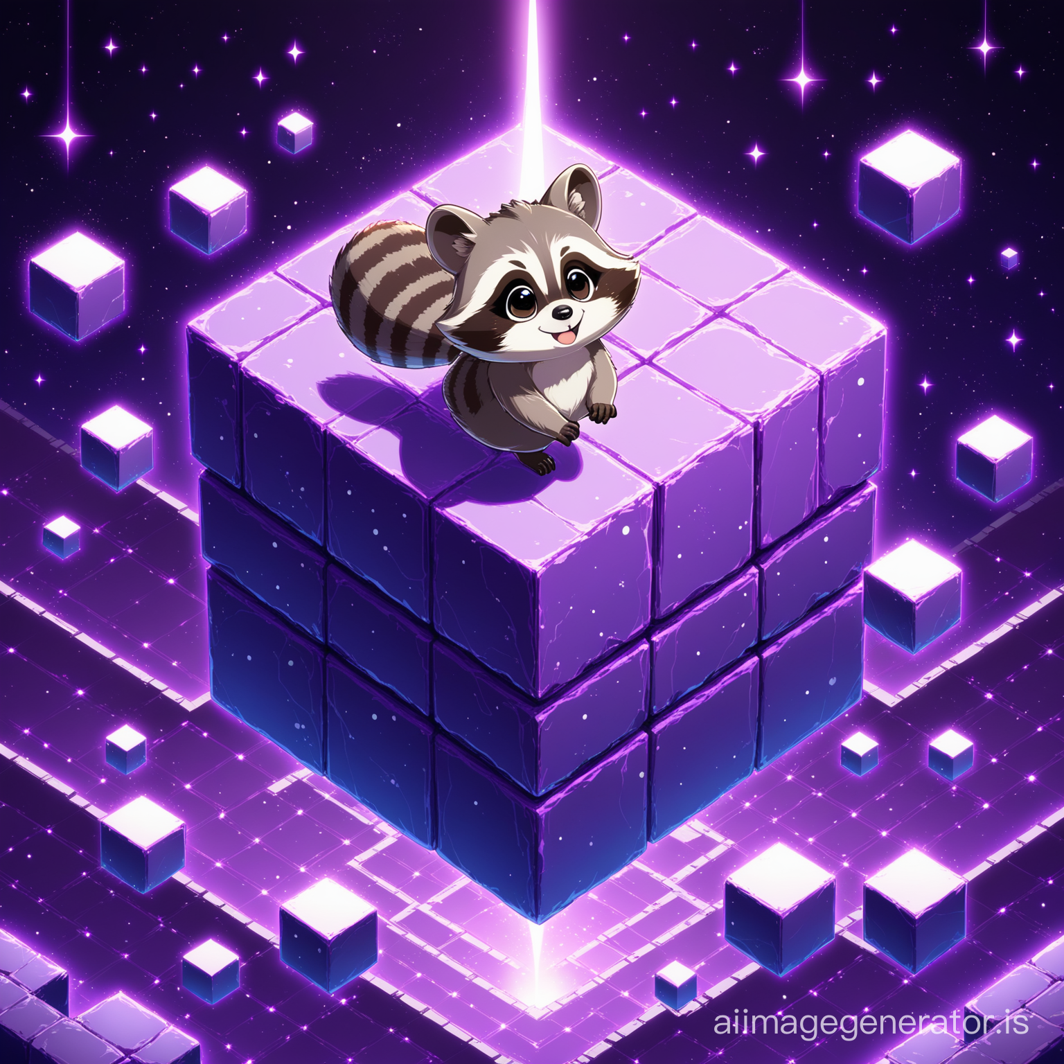 A little cute rocket raccon flying on the purple block earth with super detail and High Quality
big and Purple and floating blocks are seen everywhere
Details are evident beautifully and with great precision