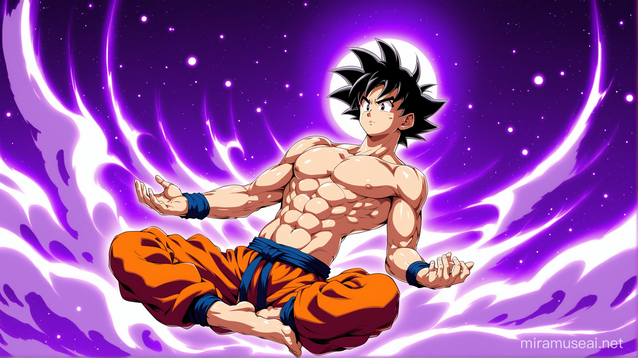 Goku meditating and floating in a purple backgroundm he's shirtless and lean