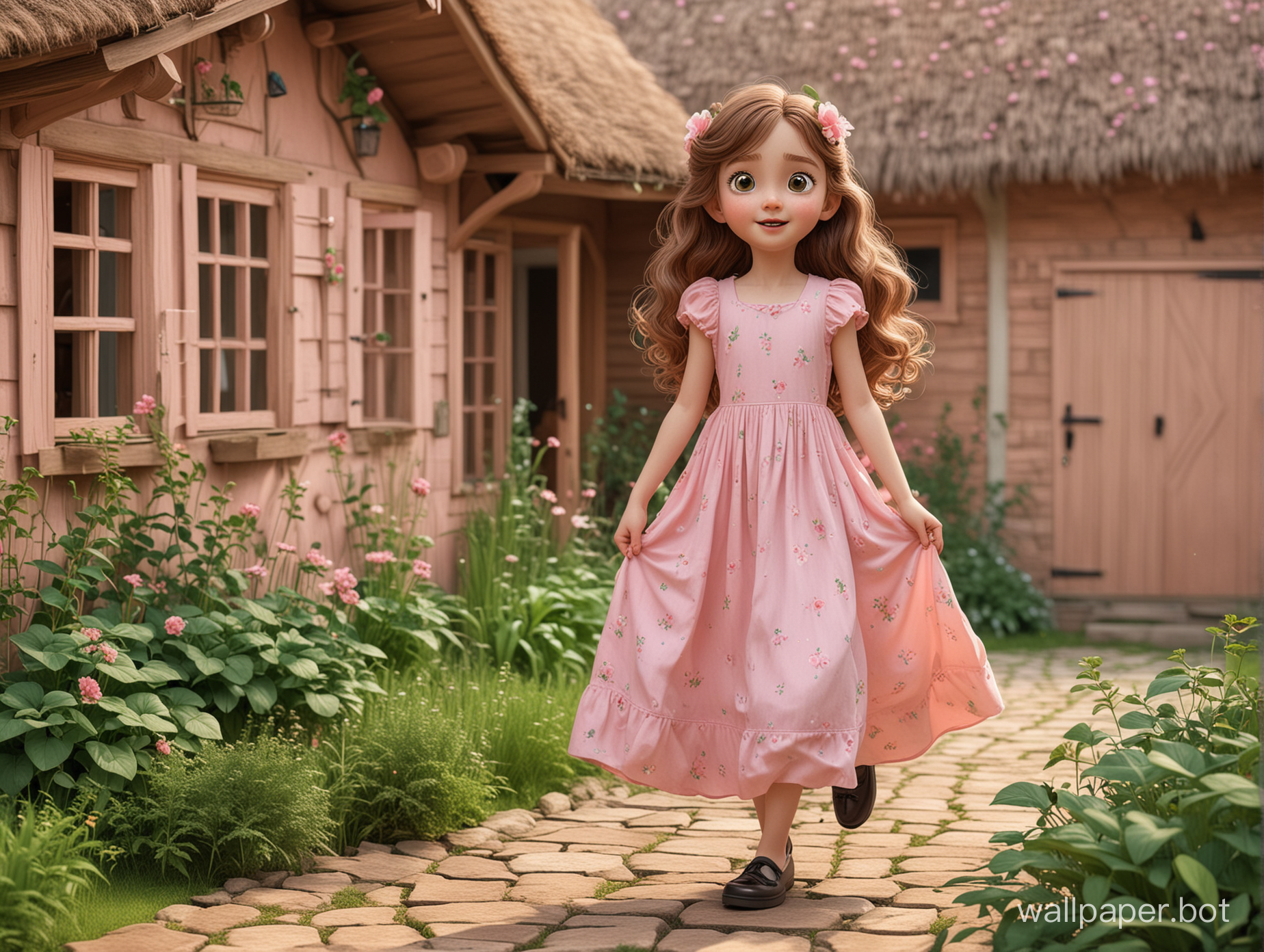 a beautiful girl character, multiple poses and expressions, 3d illustration style, cute, young 25  years girl, full color, black shoes, pink long frock dress,  long curly brown hair flat color, Green big eyes,no outline, straight eyes, in background a brown cottage and she is playing in Garden of cottage