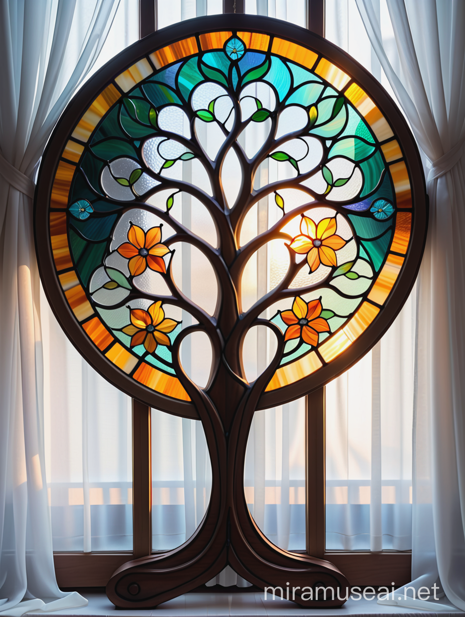 витражная композиция дерево, солнце, цветы тиффани, в стиле ар нуво, из цветного стекла, стоит на фоне штор из белой органзы