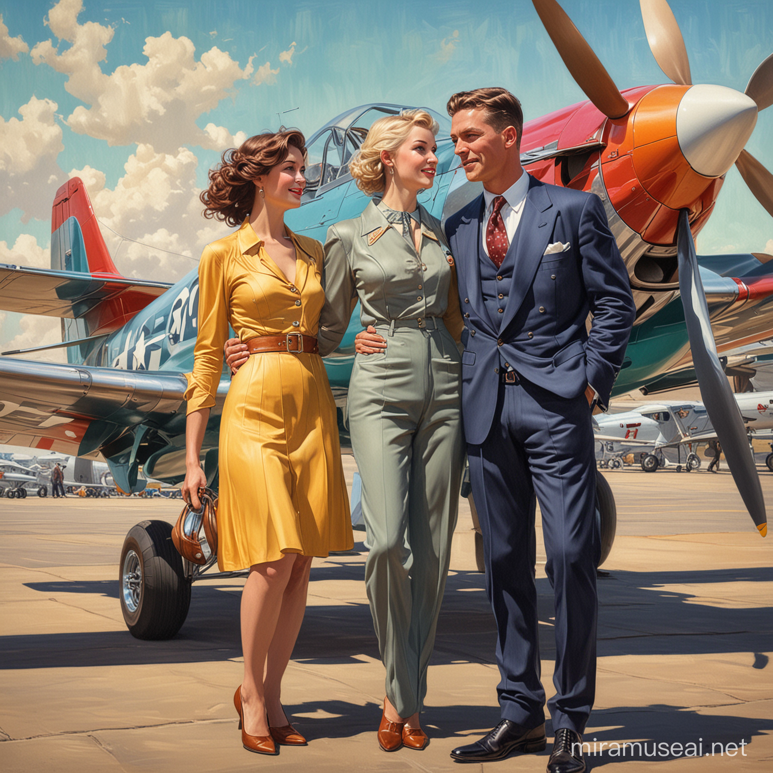 art nouveau, vintage aviation couple, colorful, mustang aircraft in background 