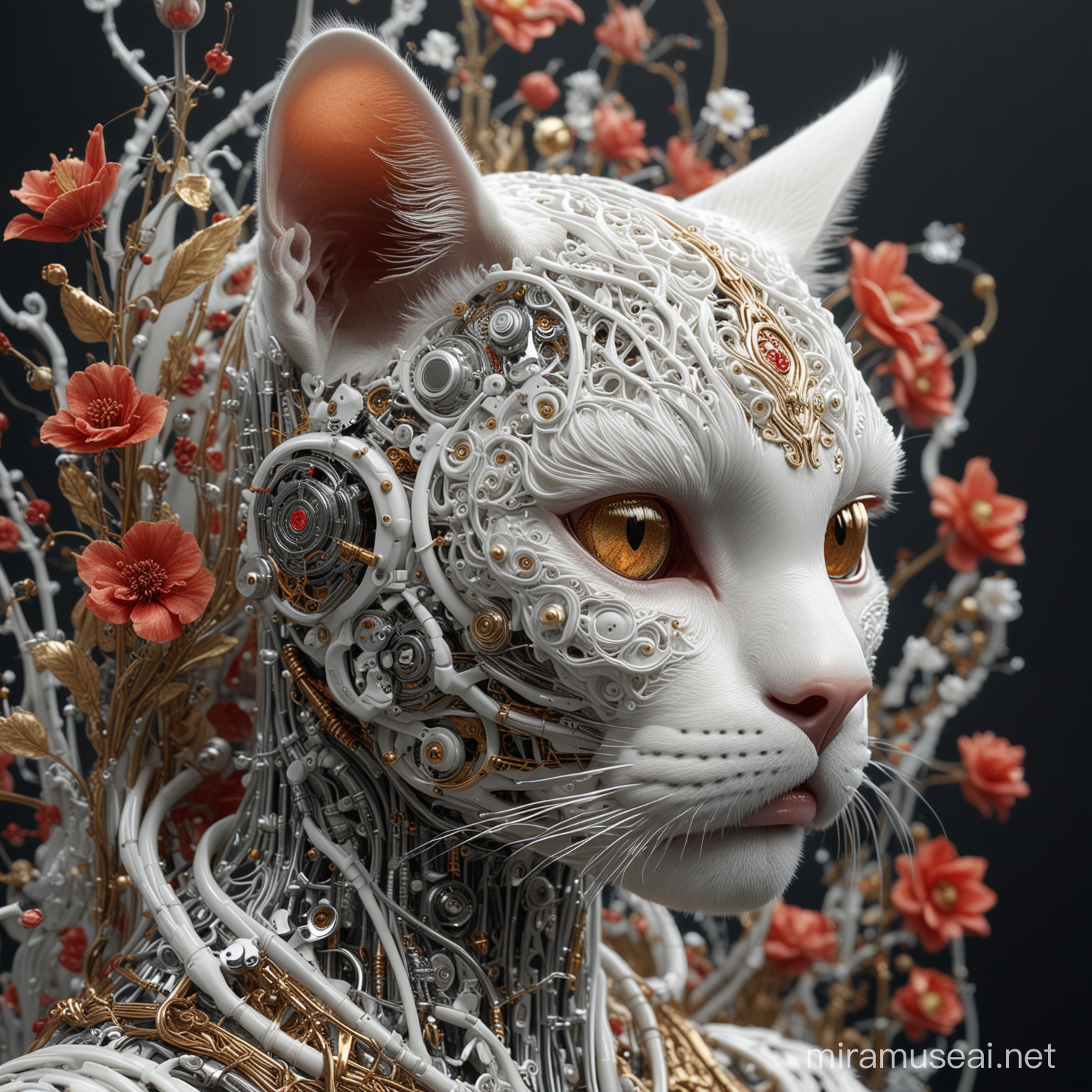 complex 3D rendering hyper detailed ultra sharp beautiful porcelain cat face profile, mechanical cyborg, 1 5 0 mm, beautiful rich natural soft light, edge light, studio light, large spring flowers and stems, wavy roots, delicate leaf lace, silver gold filigree details , alexander mcqueen high fashion haute couture, pearl earrings, art nouveau fashion embroidered, steampunk, mesh wire, hyperrealistic, mandelbrot fractal, anatomical, red lips, white metal armor, facial muscles, cable wires, microchip, elegant, octane rendering , h. r. giger style, 8 k