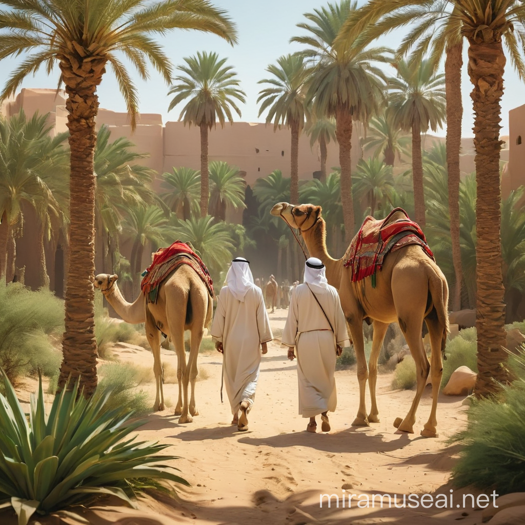 Arab Couple with Camels at Desert Oasis