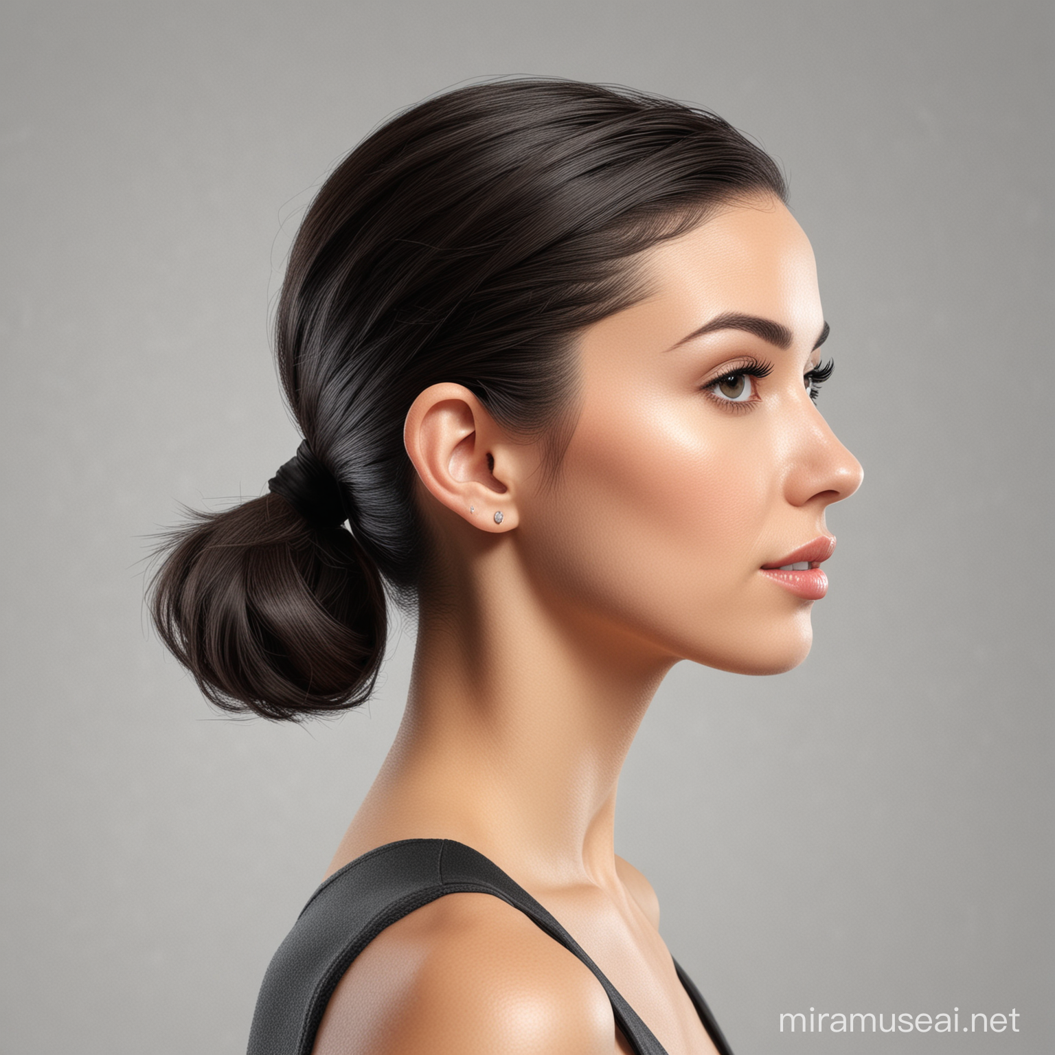 Create a realistic 3d portrait side profile of a female with a very short dark bob hair tight ponytail on a white background
