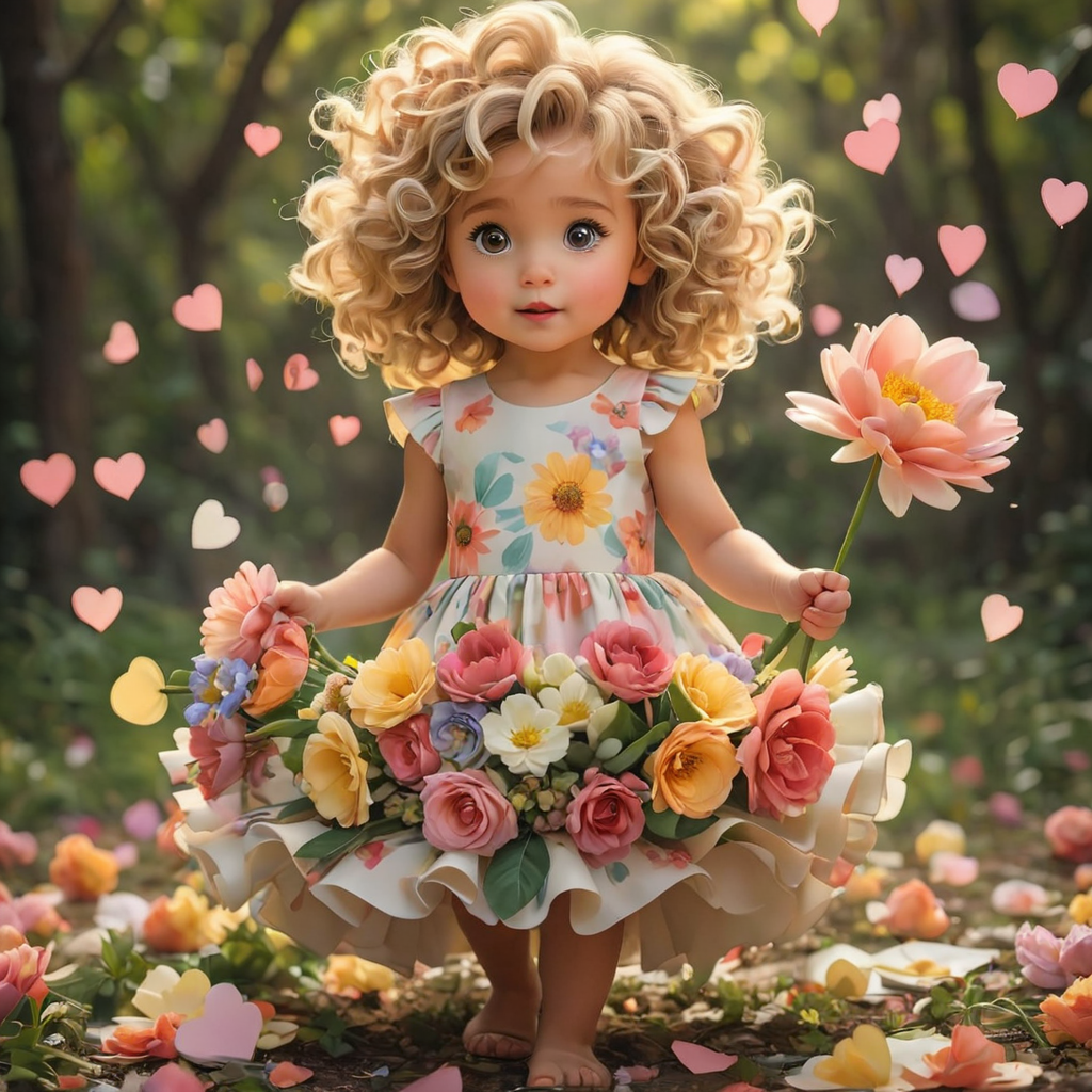 2 year old girl holding a huge flower bouquet ,wearing a flower dress , paper hearts on the ground blonde curly hair