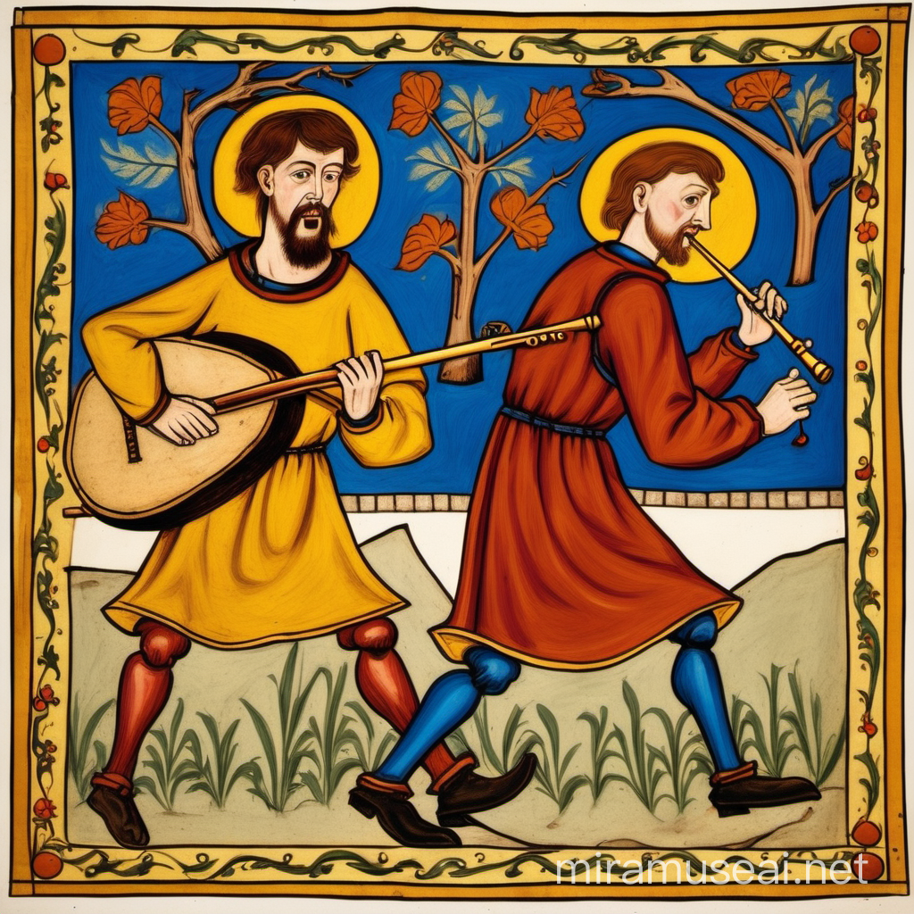 medieval wallpainting in Style of Codex Manesse: two male brown-haired, short-bearded medieval farmhands with simple european medieval clothing. One is playing the Flute and one is playing the Guitar. They are running away in terror.