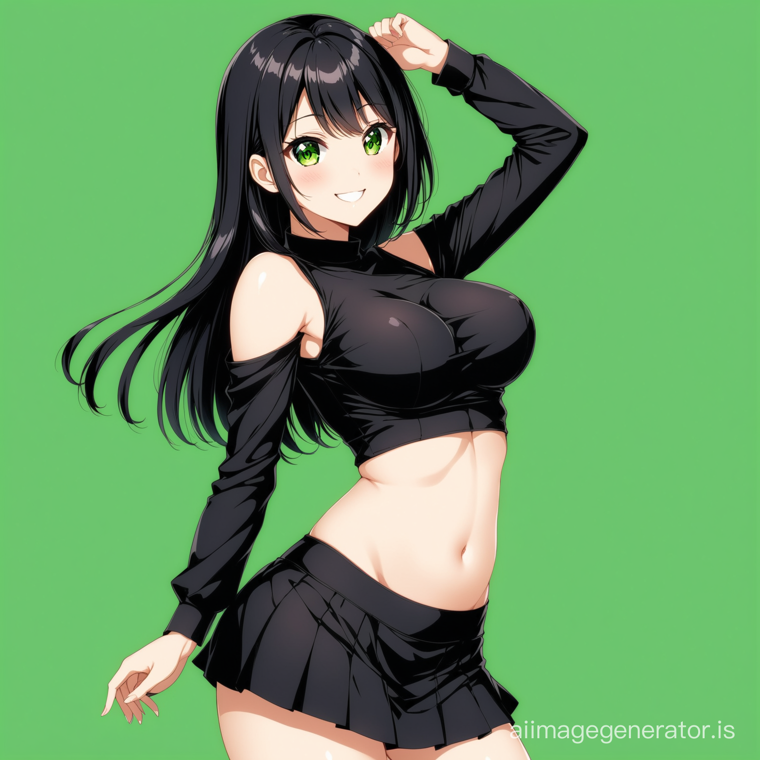 Anime girl with black miniskirt and black short blouse-top, tummy is visible with medium-size but beautiful breasts, with black long smooth hair, with a smile, sexy pose, green solid background