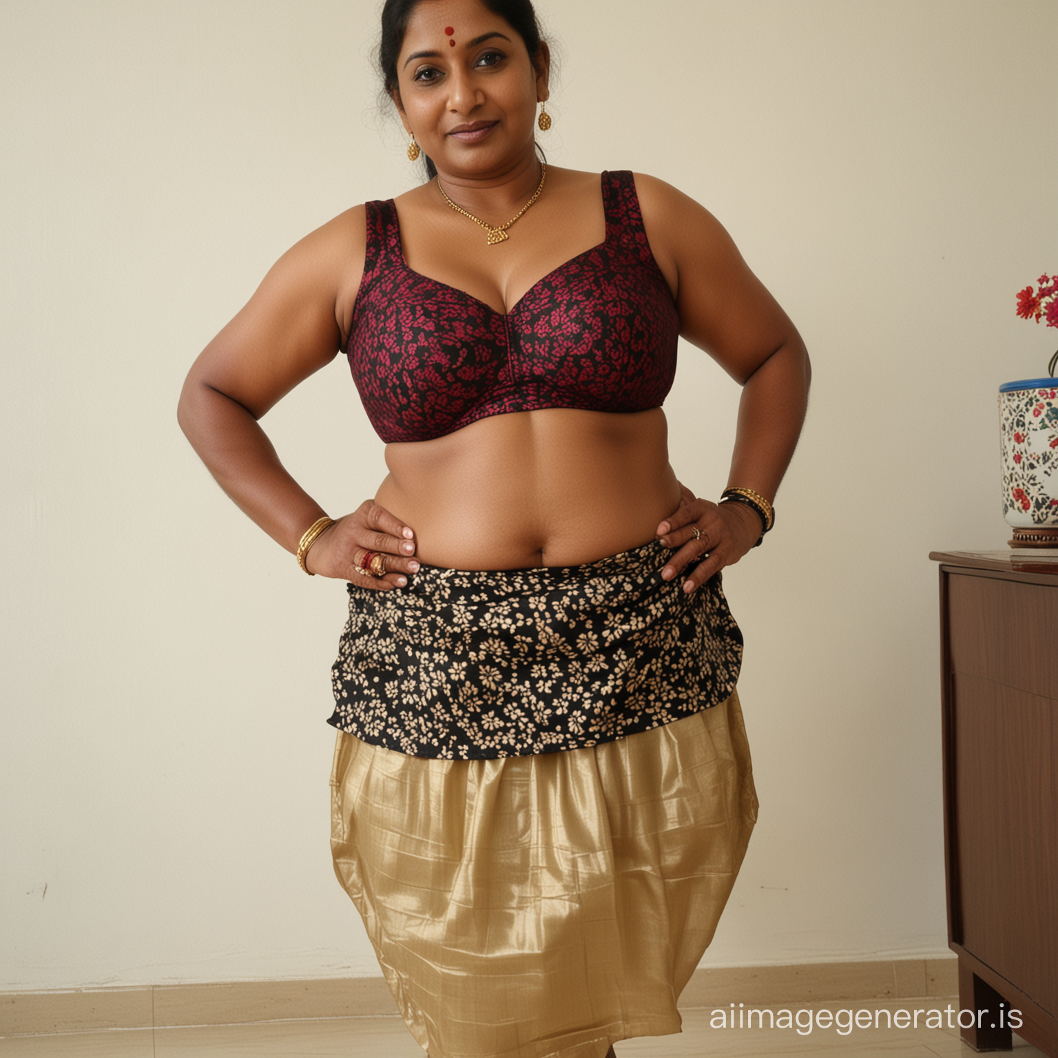 Dark skinned fat chubby, busty, 60 year old south indian aunty with fleshy belly and deep navel having sexy look on her face, lifting her petticoat and showing her black buttocks