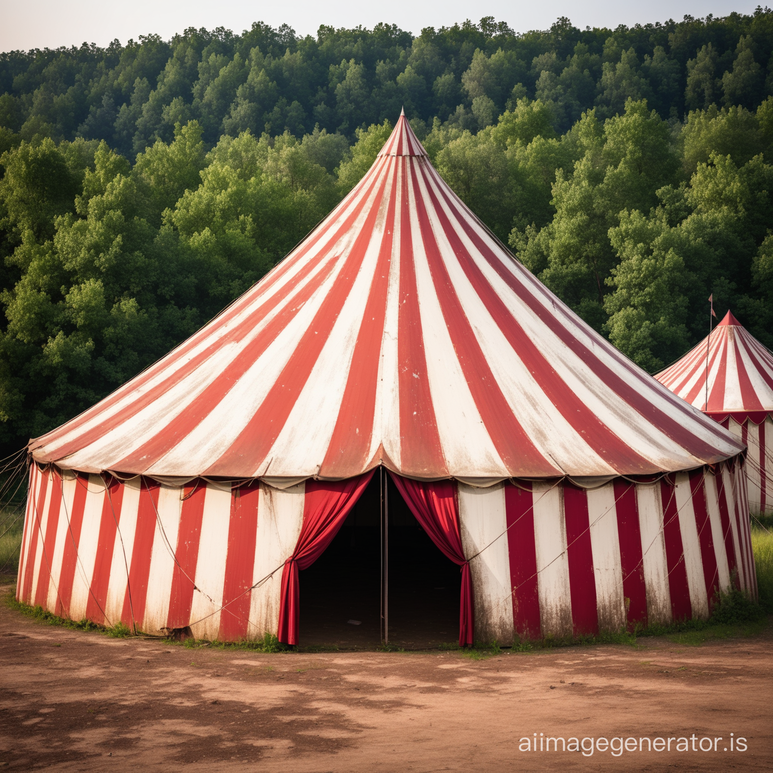 an old dirty abandoned red and white striped circus tent