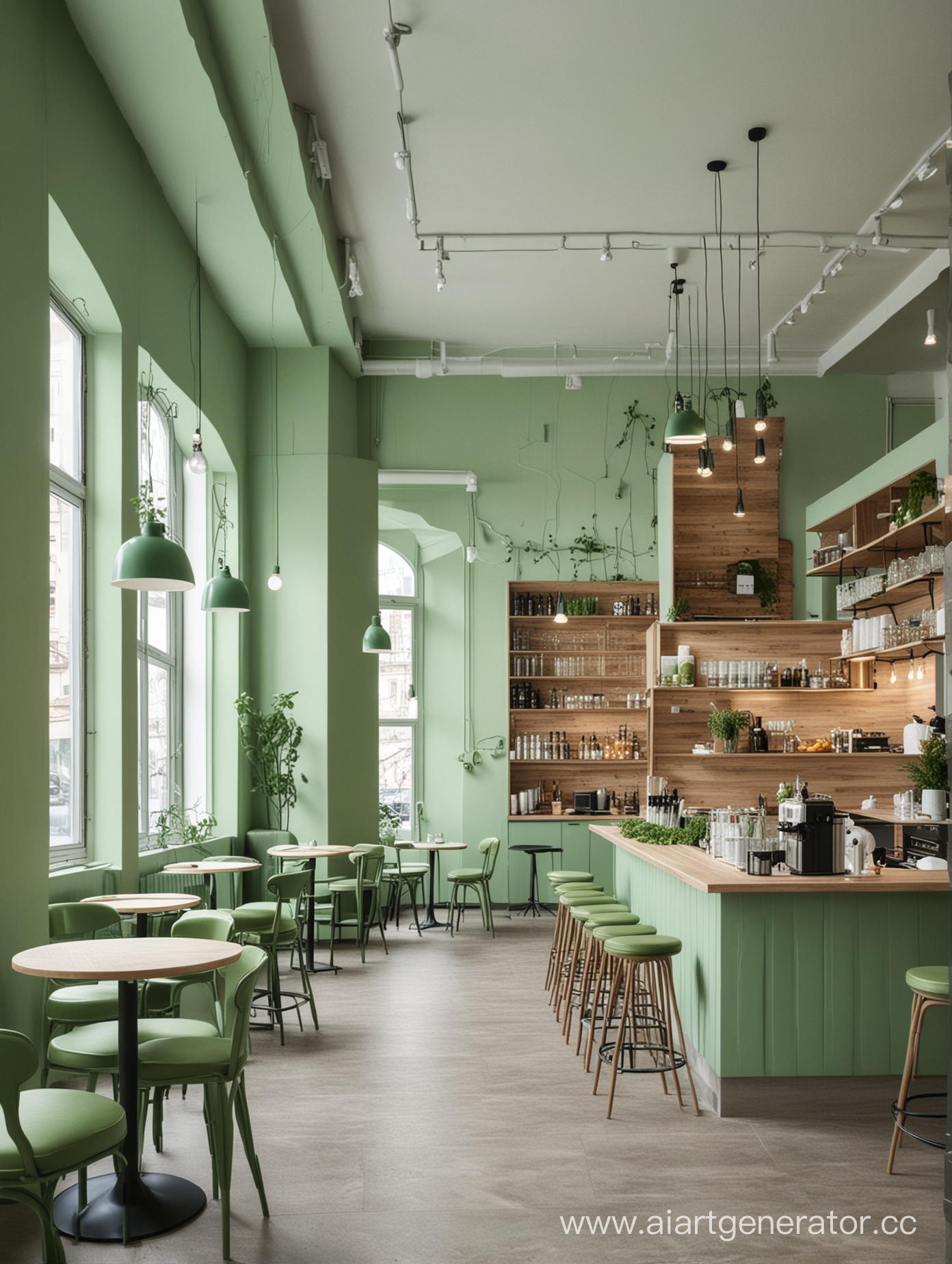 Кафе для компании ВкусВилл в светло зеленых  оттенках в городе в современном стиле