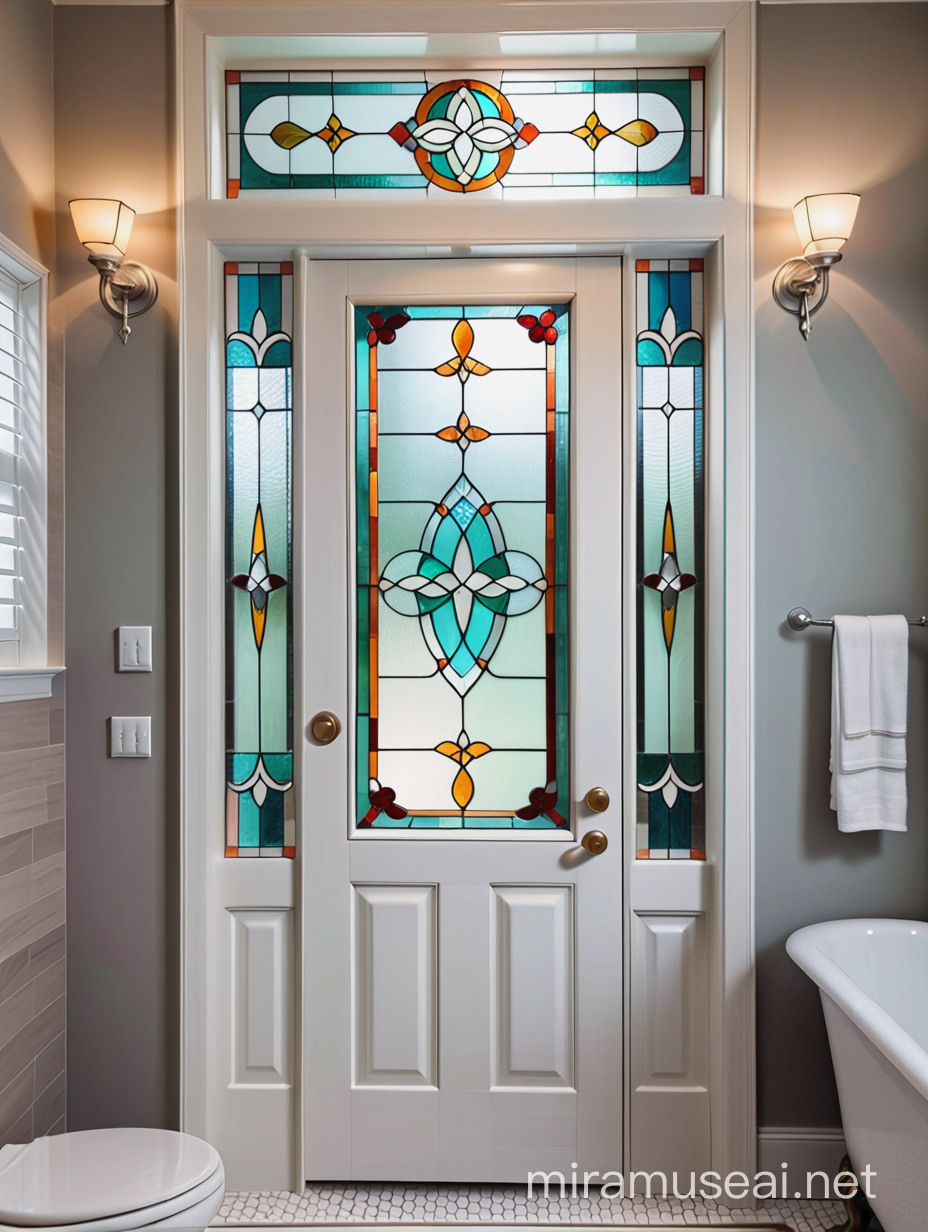 прямоугольная витражная дверь с фрамугой тиффани, в стиле ар нуво, из белого стекла, в ванной комнате