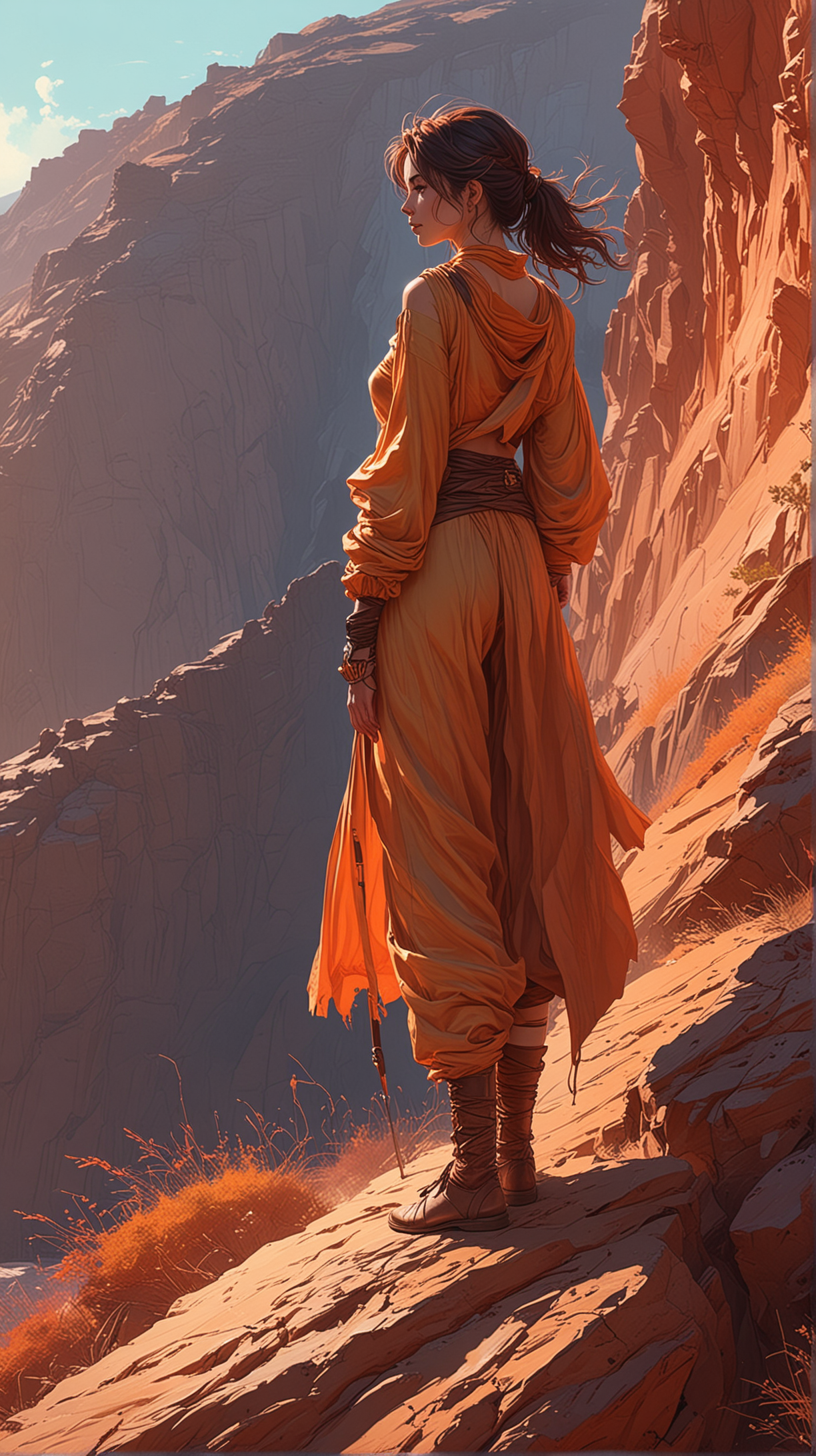 Dune Style Outfit Woman Overlooking Vibrant Cliff Edge