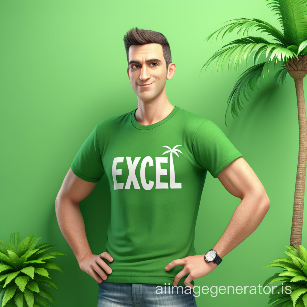 A photo of a man in a green t-shirt with the inscription "Excel" standing against a green wall, looking sweetly at the camera with palm trees. Cartoonish 3D realistic style. High quality and detail.