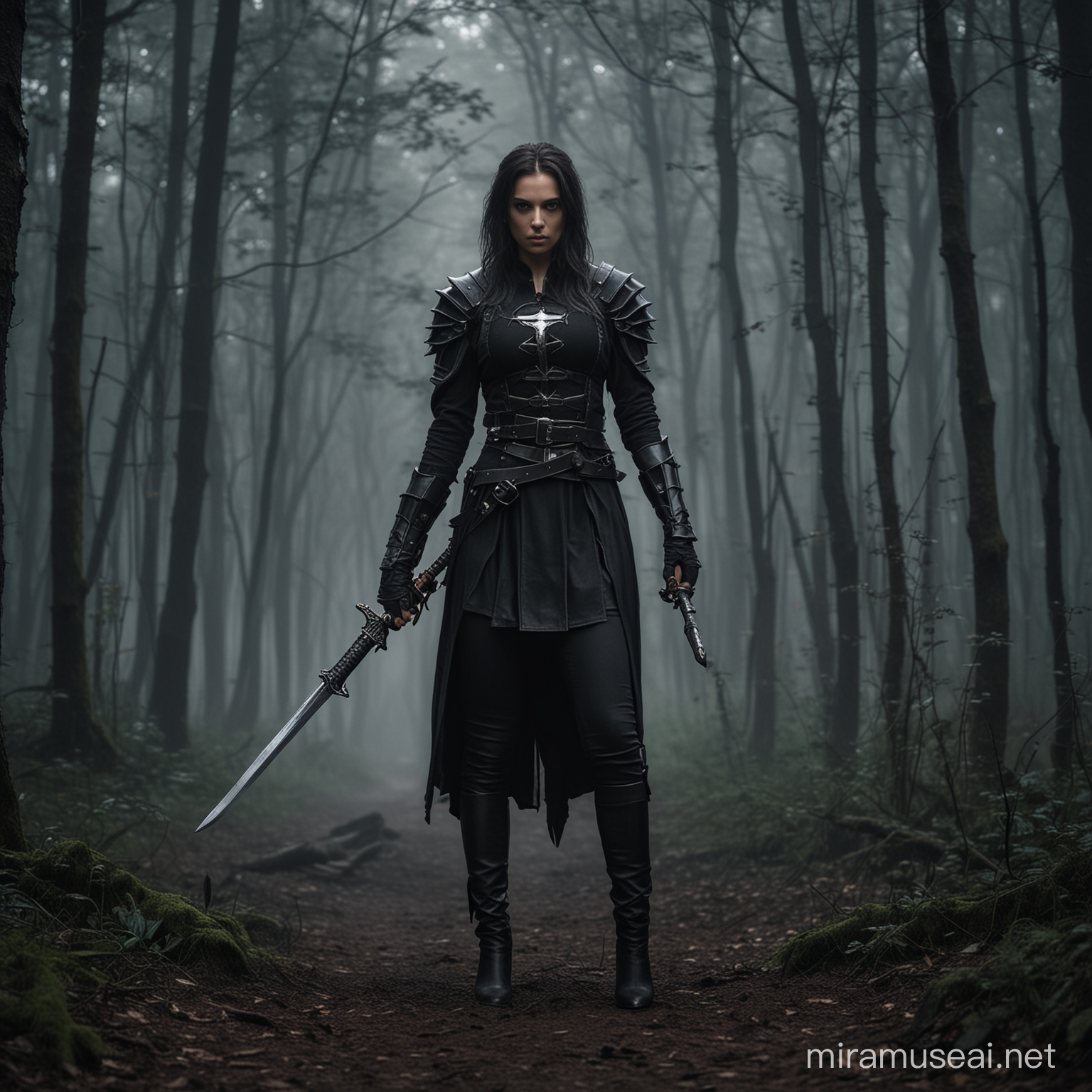 A fantasy woman worrior, wearing black clothes, holding a sword, wallk on the dark forest