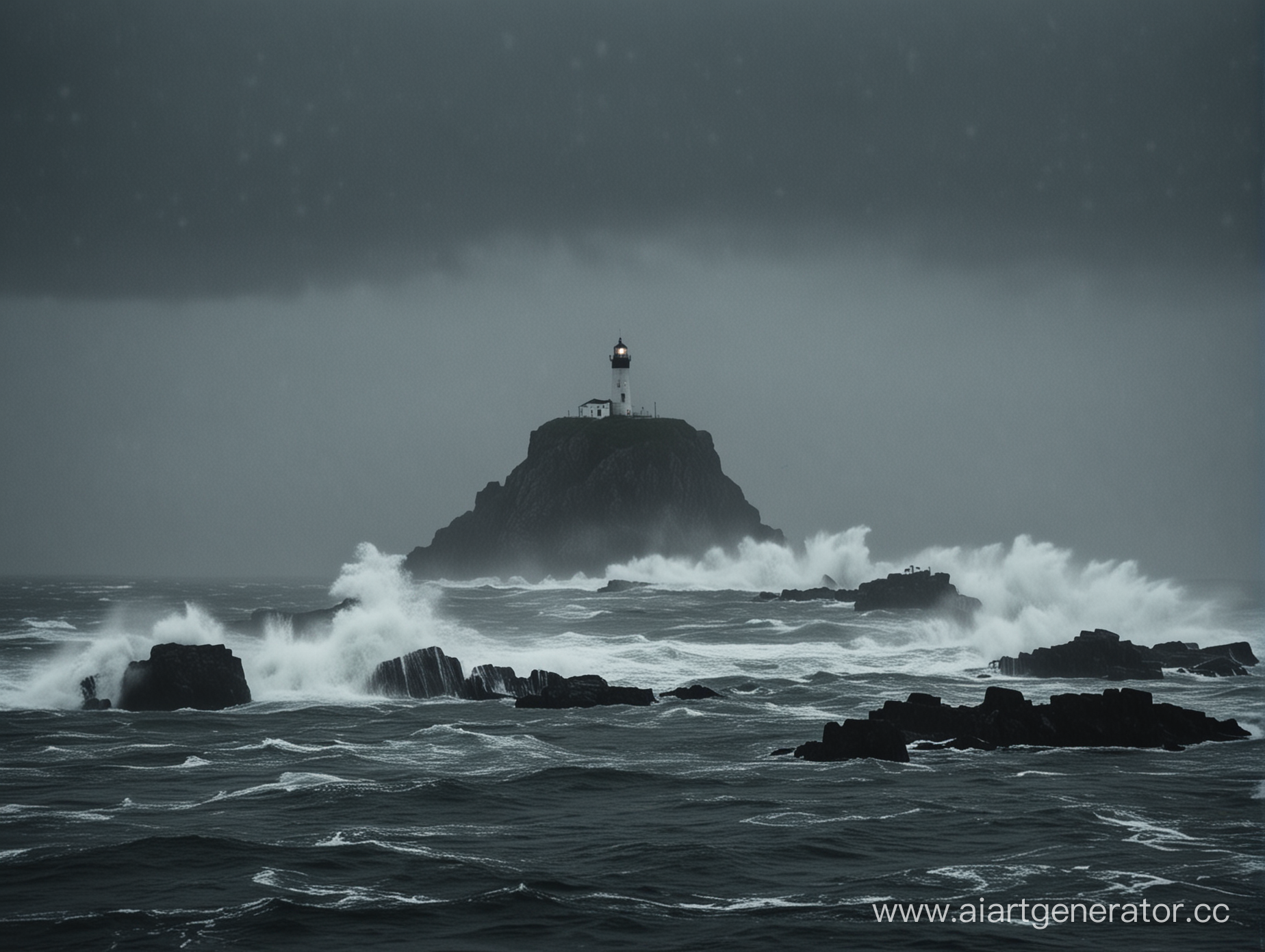 Very stormy sea, heavy rain, thunderstorm. On the left is a rocky island, on which stands a lonely lighthouse. Night. The lighthouse is standing alone, there is still fog. The lighthouse is close to the camera, just to the right. The lighthouse stands close to the camera. The sea is black in color.

